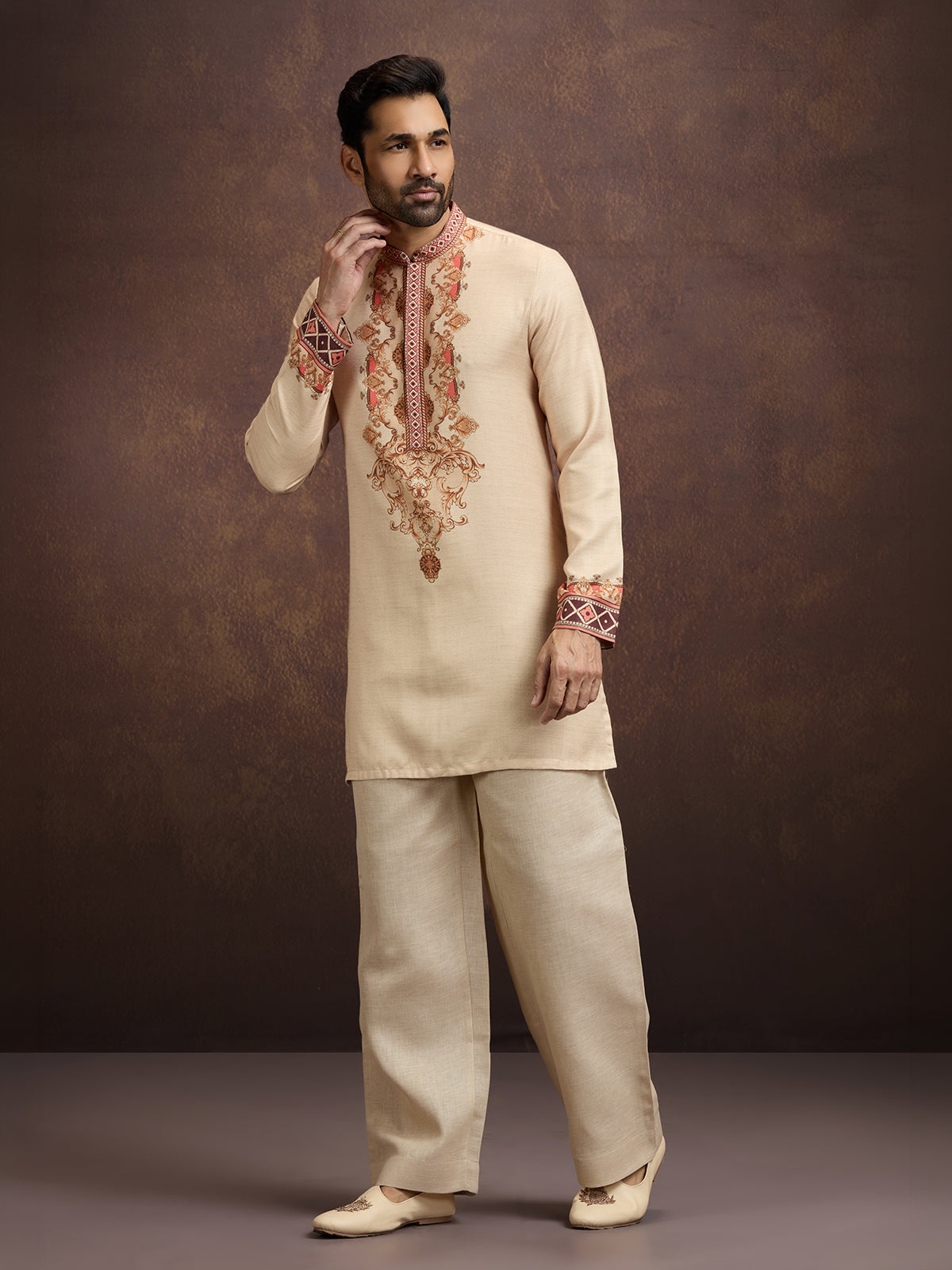 Beige printed linen kurta pajama outfit for men