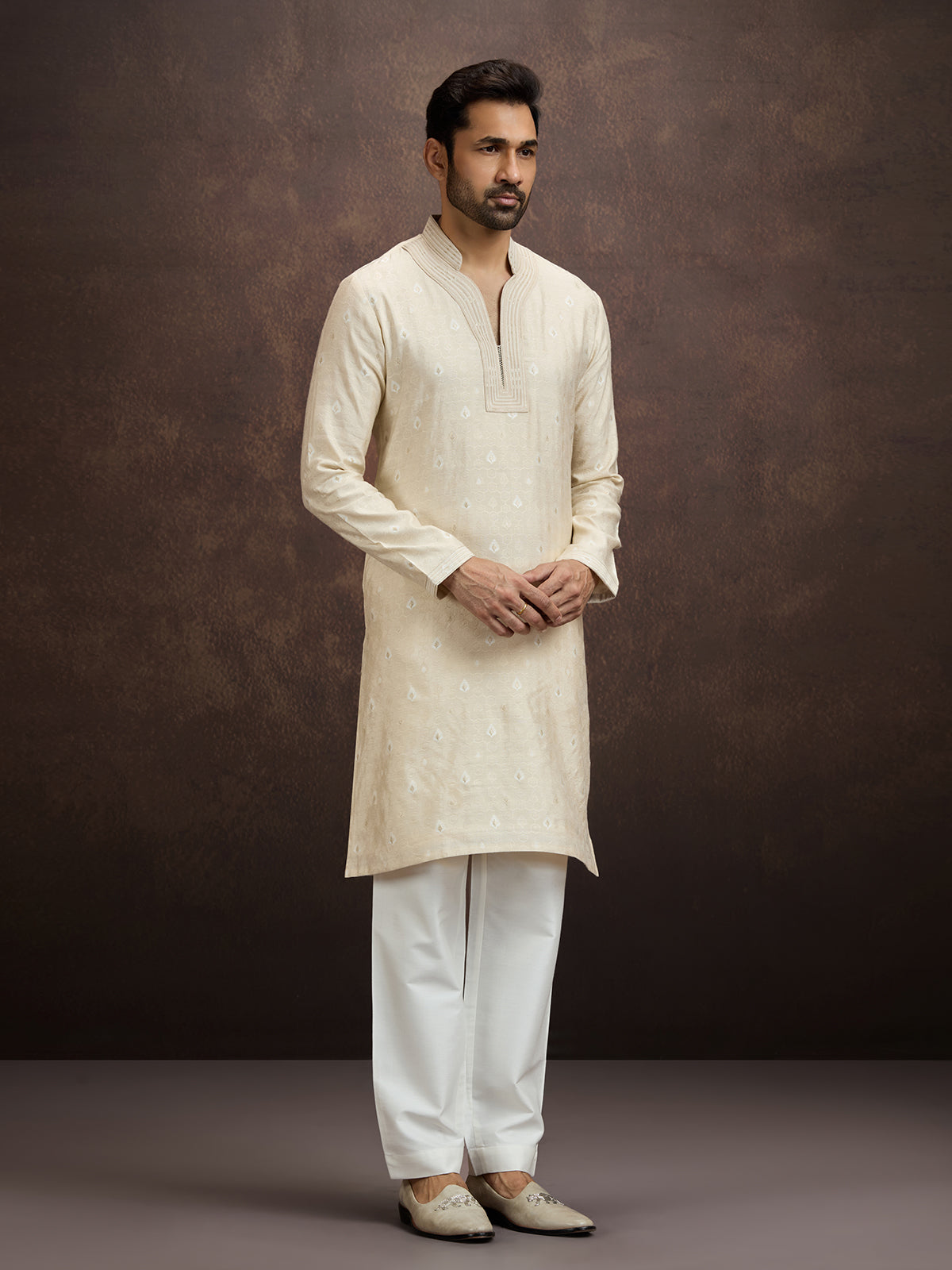 Cream embroidered banarasi silk kurta pajama for men