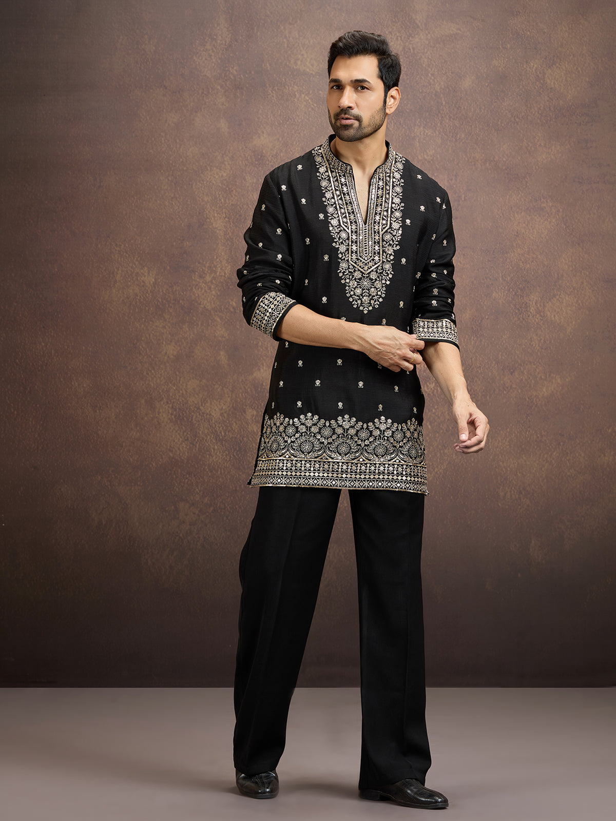 Black floral zari embroidered silk kurta pajama for men