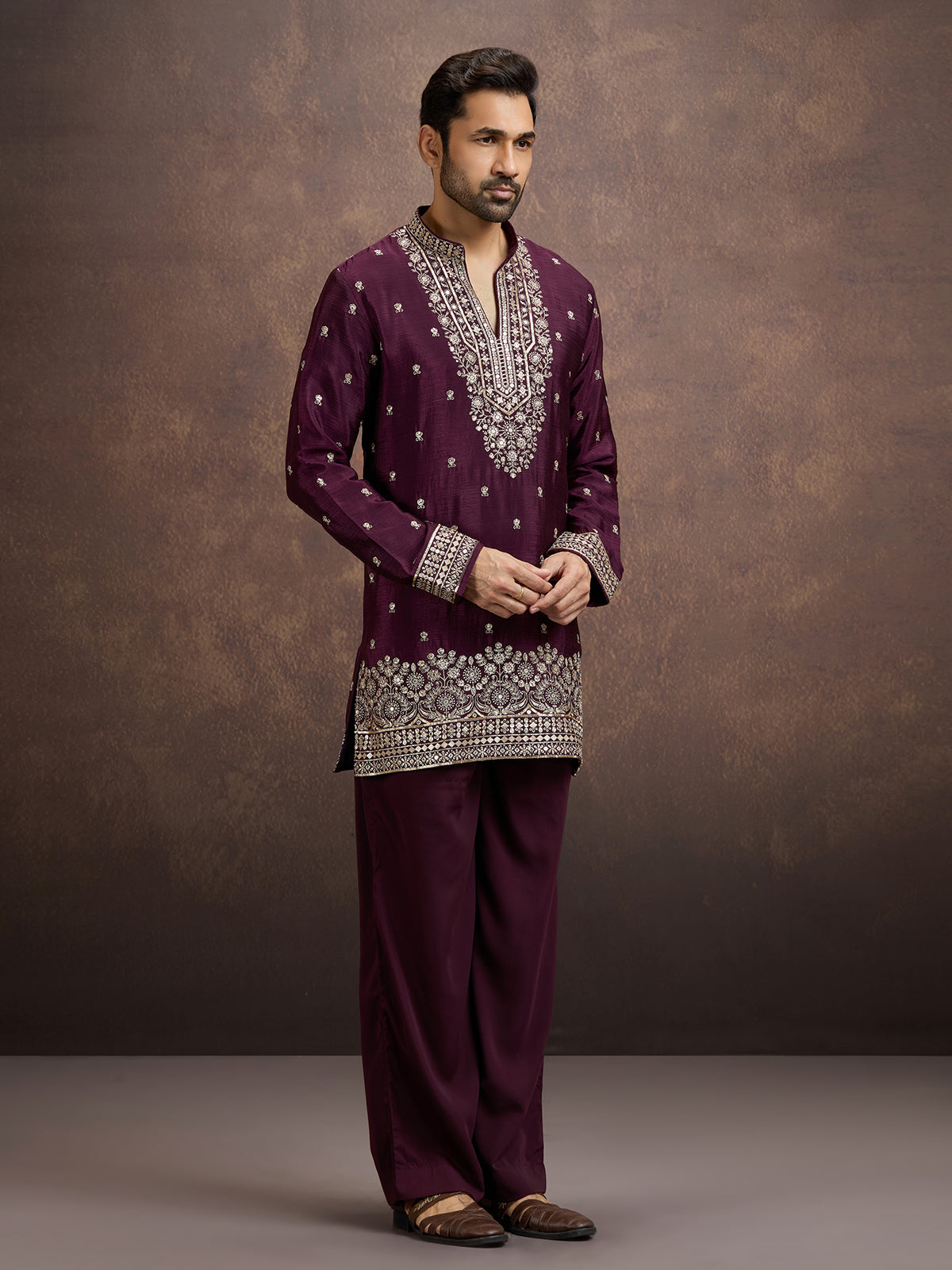 Deep wine floral zari embroidered silk kurta pajama for men