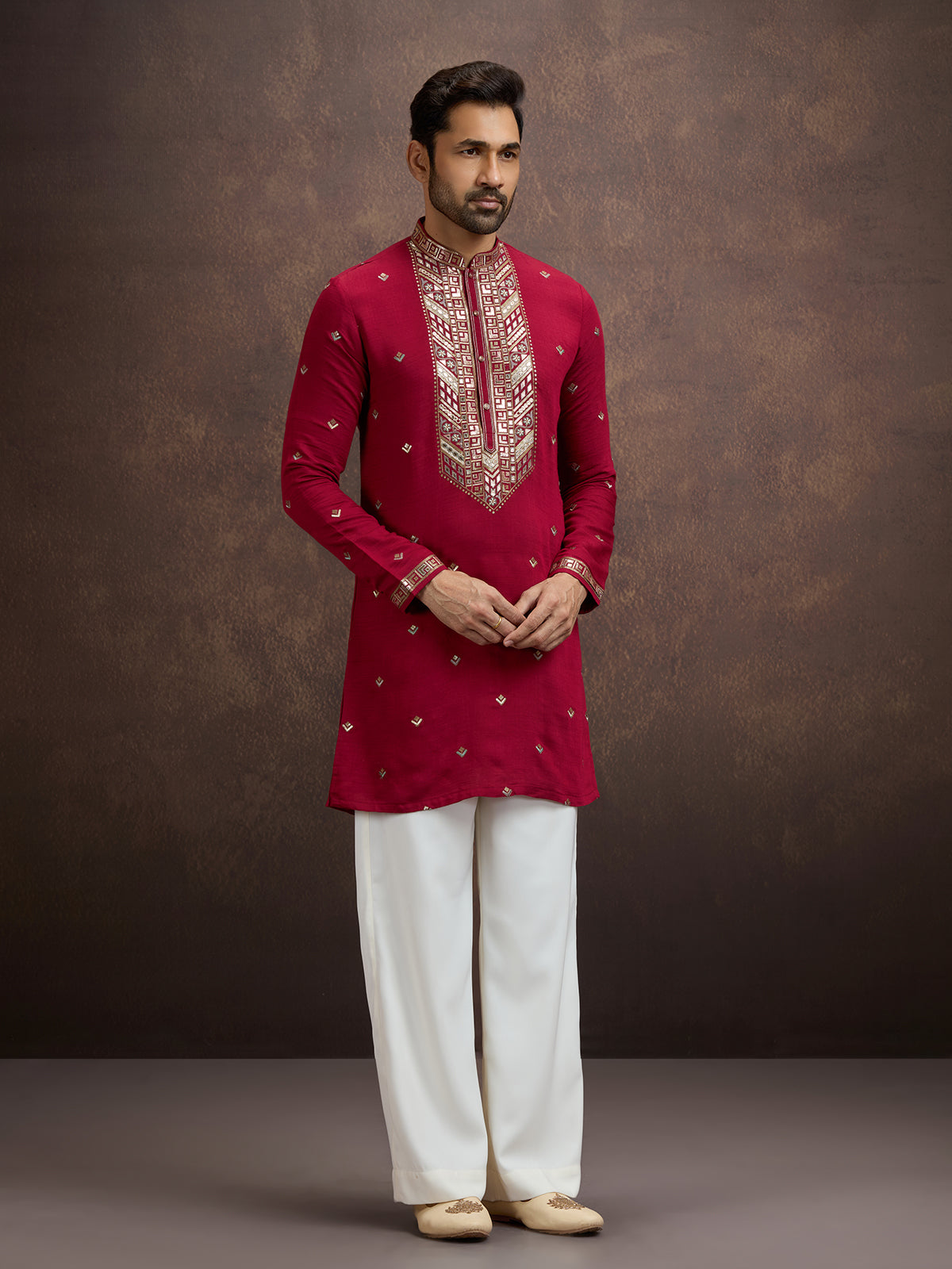 Maroon sequined zari embroidered silk kurta pajama for men
