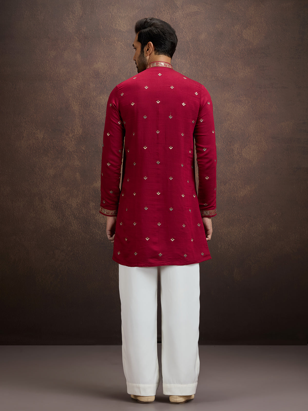 Maroon sequined zari embroidered silk kurta pajama for men
