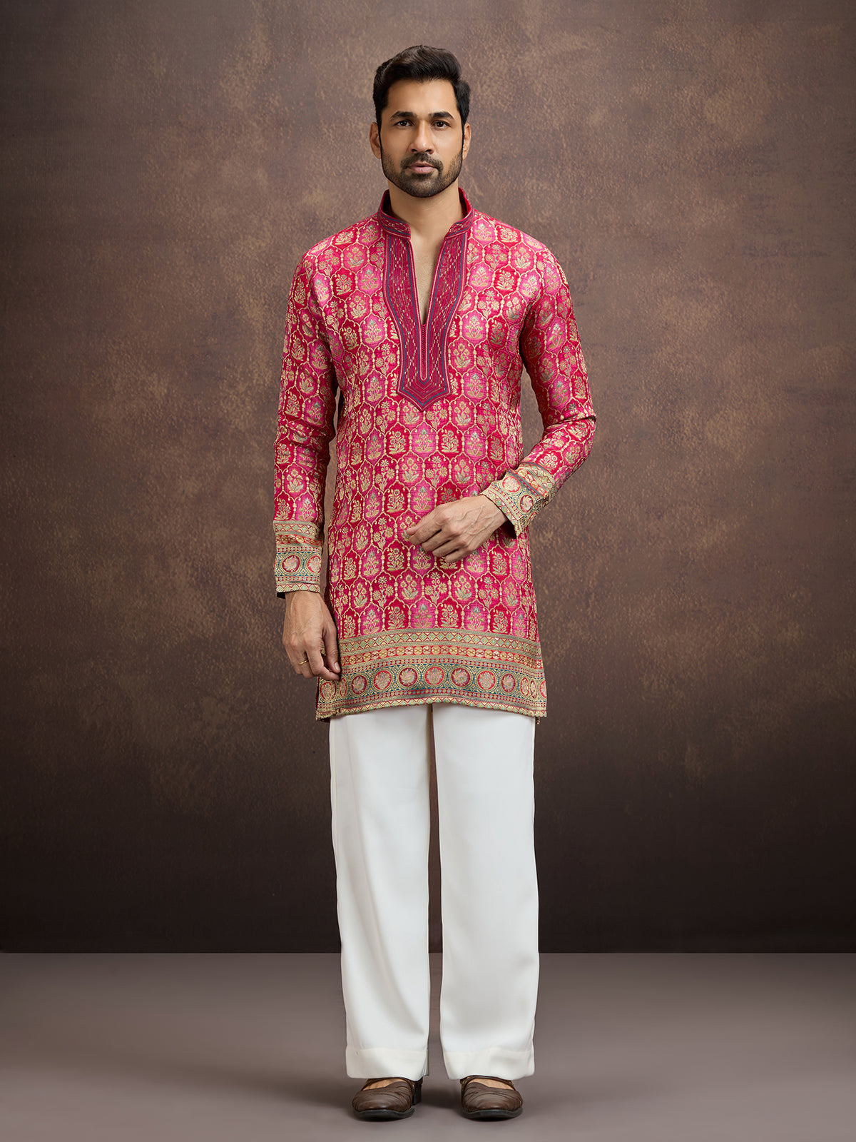 Hot pink geometric embroidered silk kurta pajama for men