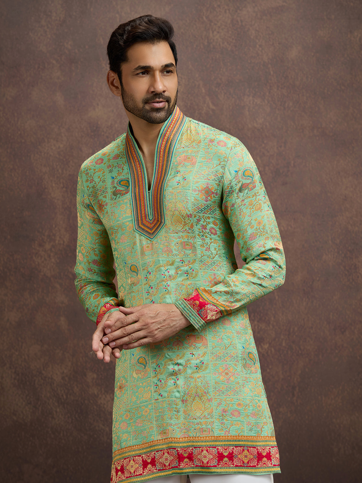 Green kalamkari inspired silk kurta pajama for men