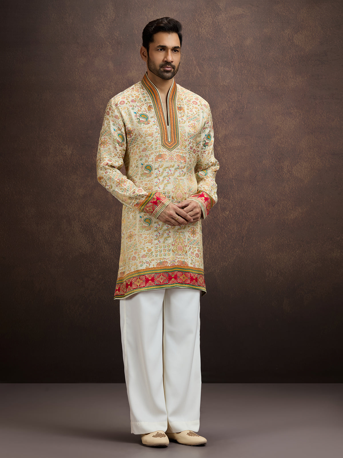 Cream kalamkari inspired silk kurta pajama for men