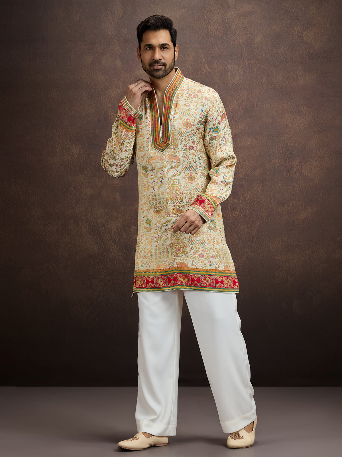 Cream kalamkari inspired silk kurta pajama for men