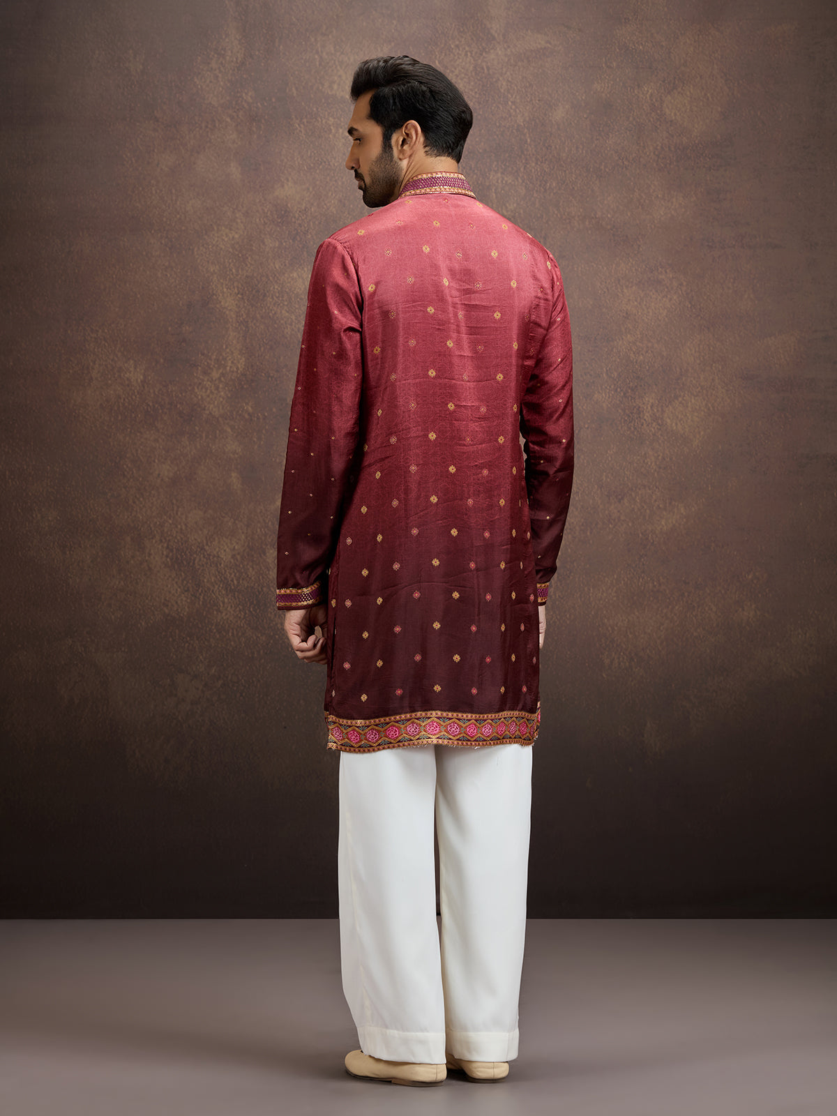 Wine printed embroidered kurta pajama for men