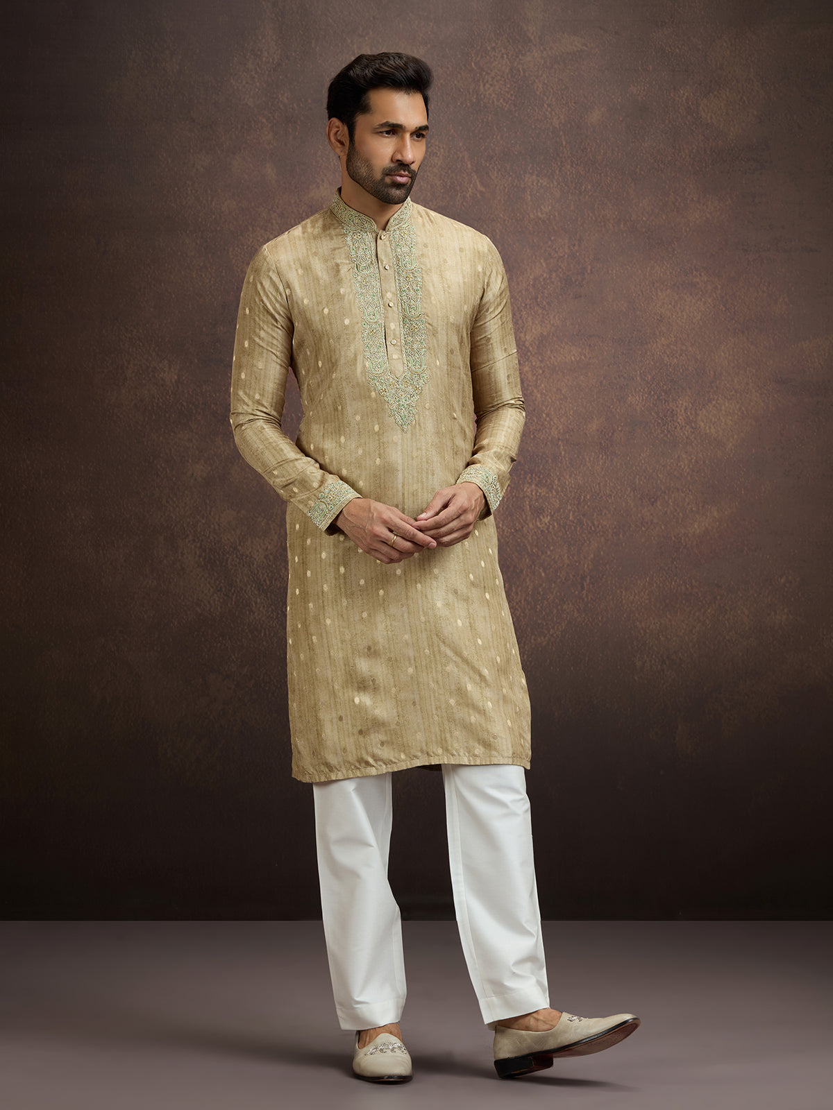 Muted gold thread zari kurta pajama for men