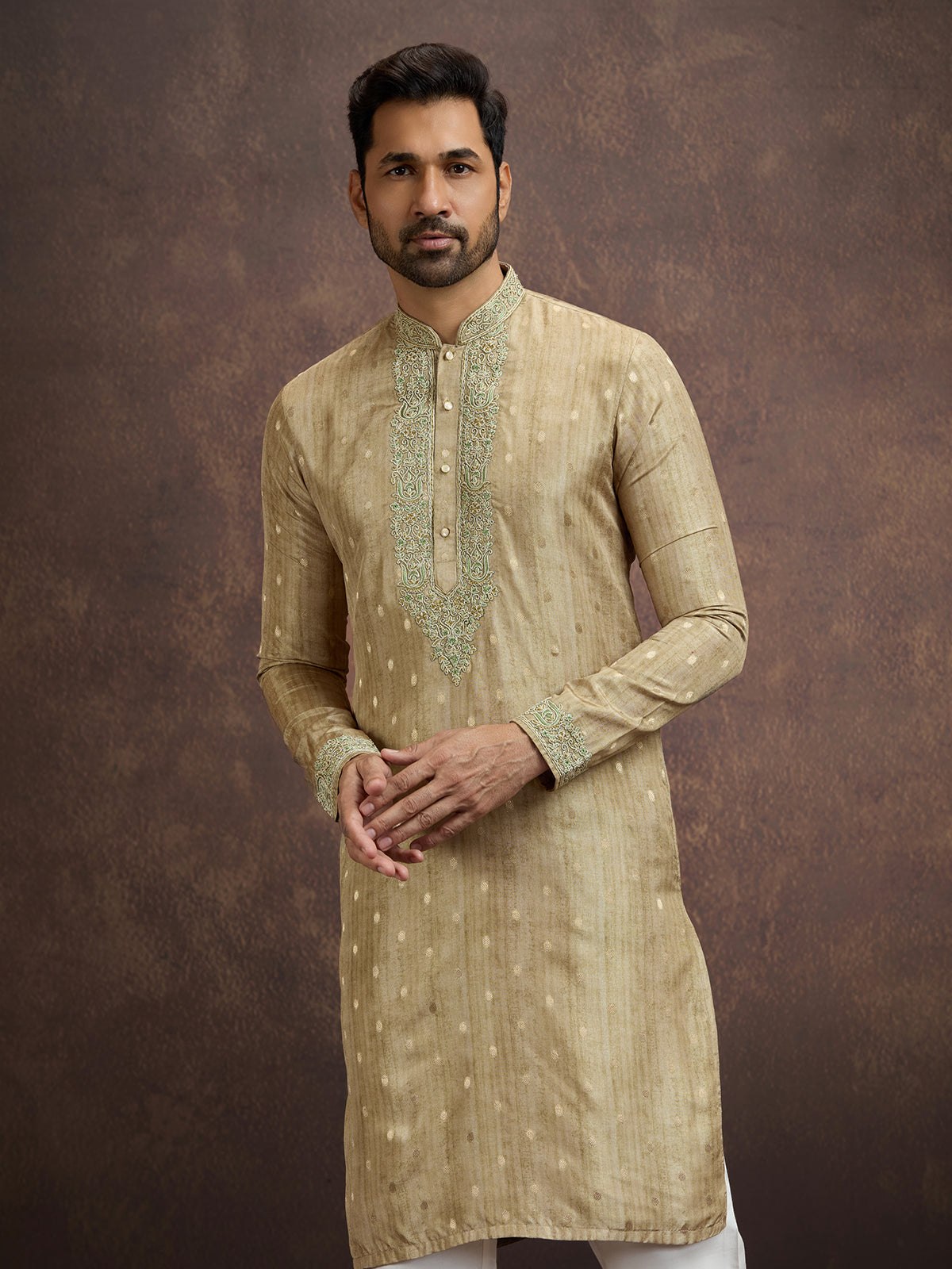 Muted gold thread zari kurta pajama for men