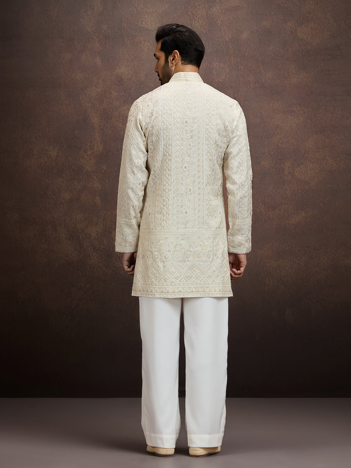 Cream embroidered tissue kurta pajama for men