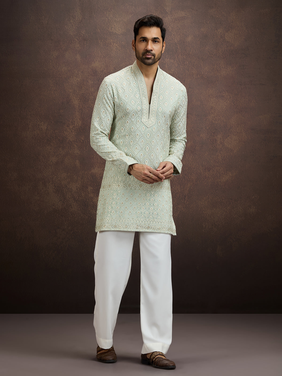 Mint green embroidered tissue kurta pajama for men