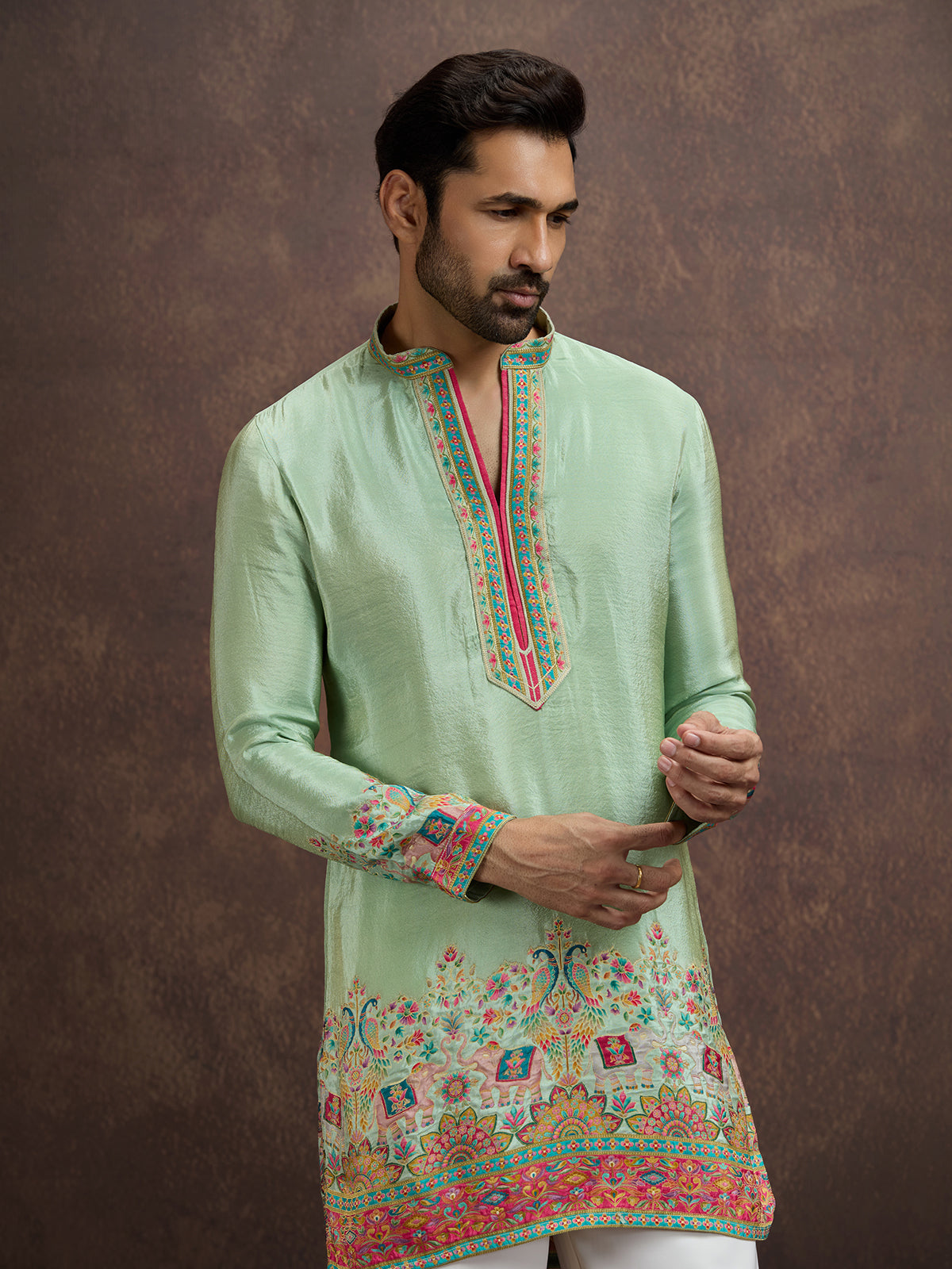 Pista green pichwai embroidered silk kurta pajama for men