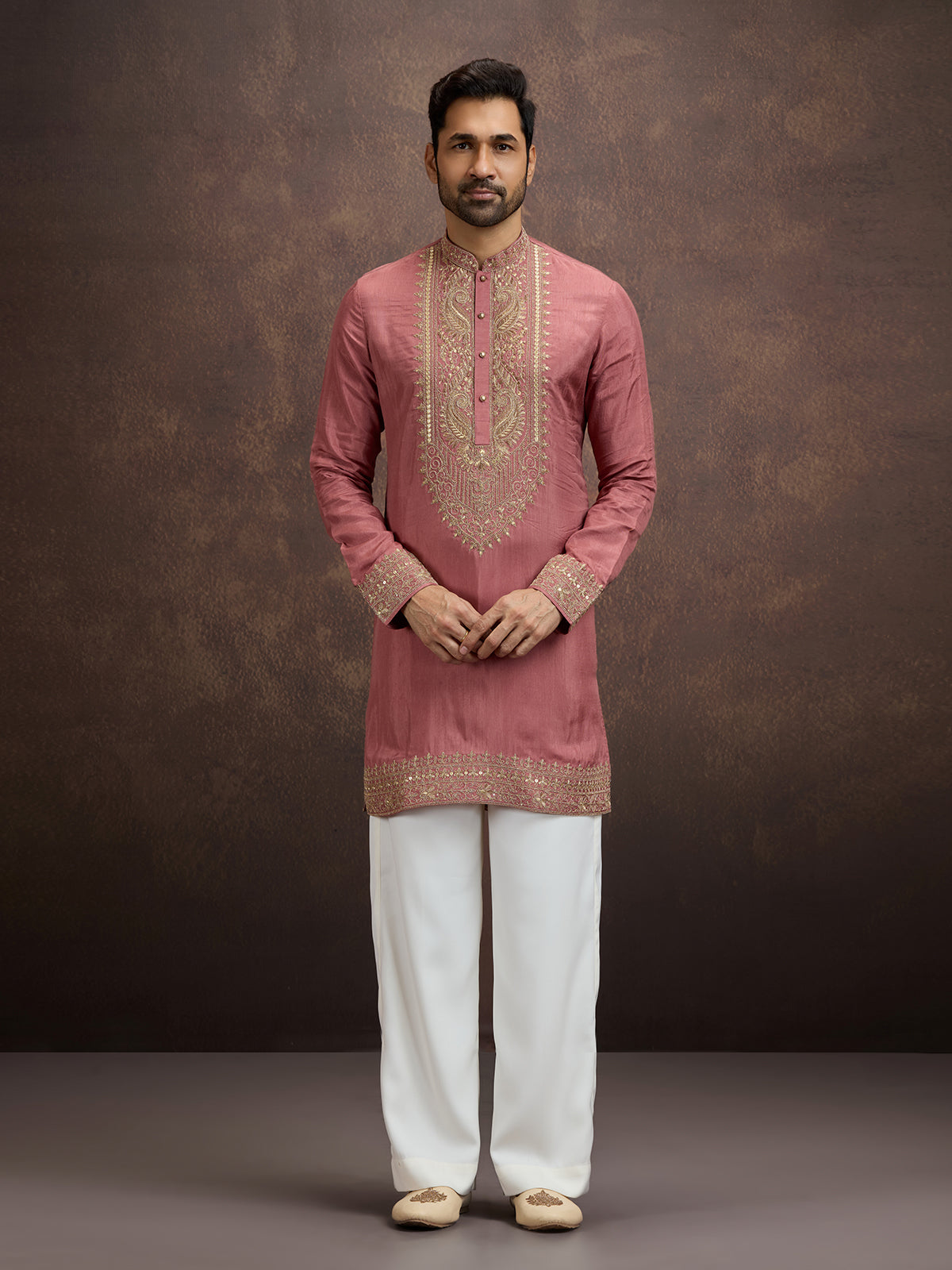 Pink zardosi paisley embroidered silk kurta pajama for men