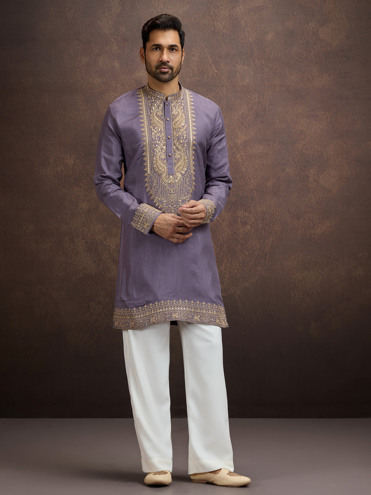 Dusty purple zardosi paisley embroidered silk kurta pajama for men