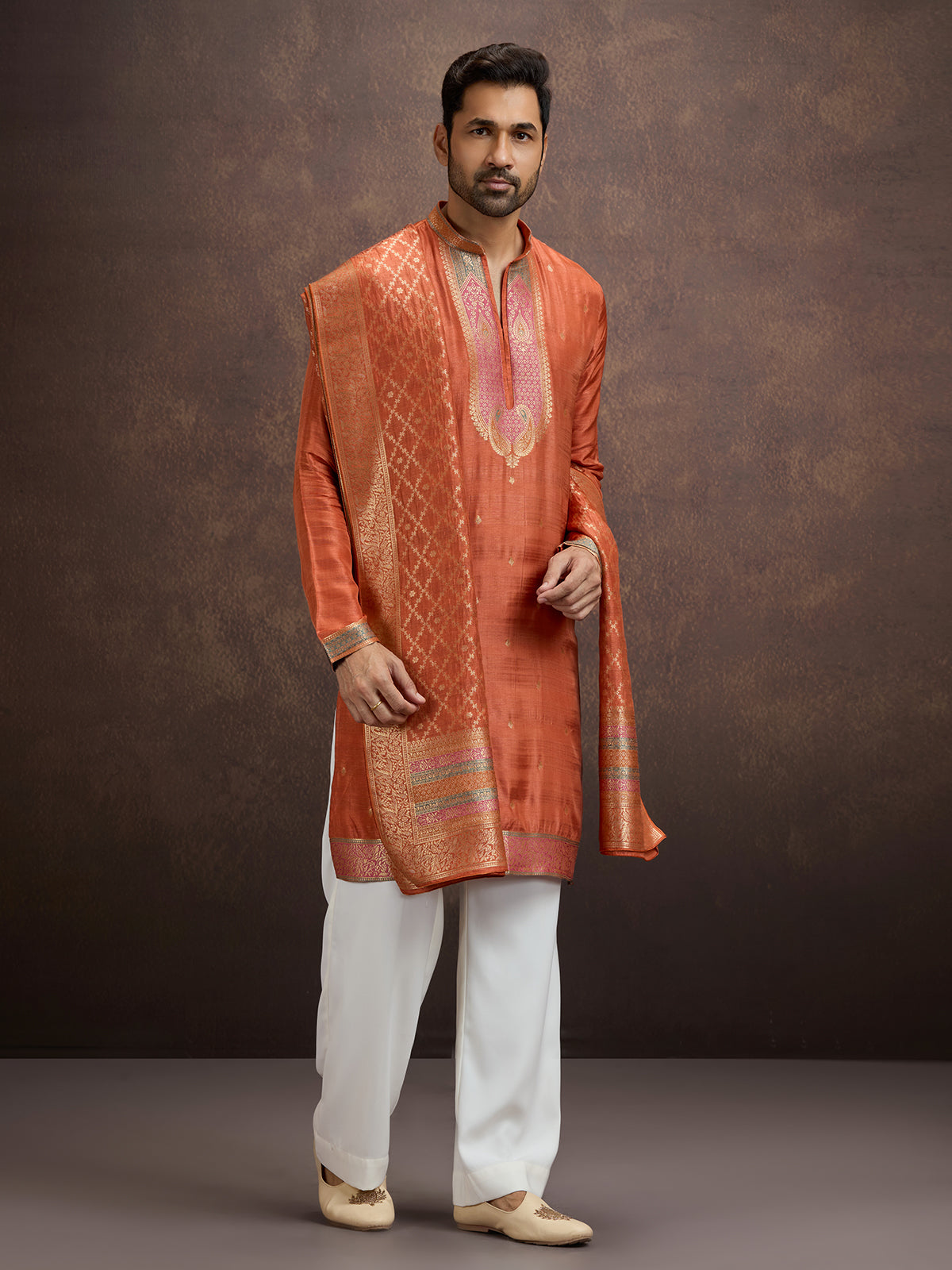 Rust orange paisley kurta pajama with dupatta