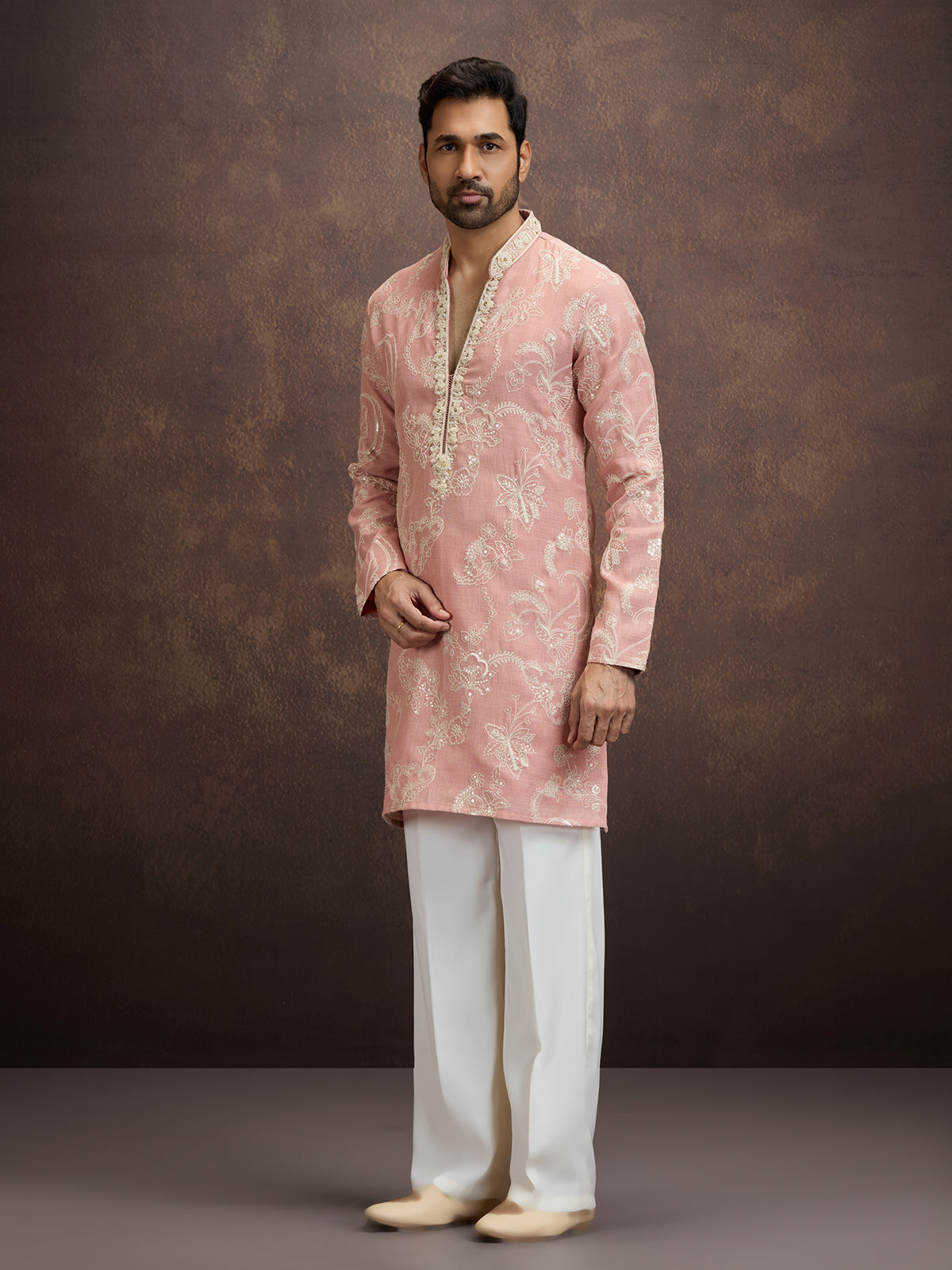 Peach floral embroidered linen kurta pajama for men
