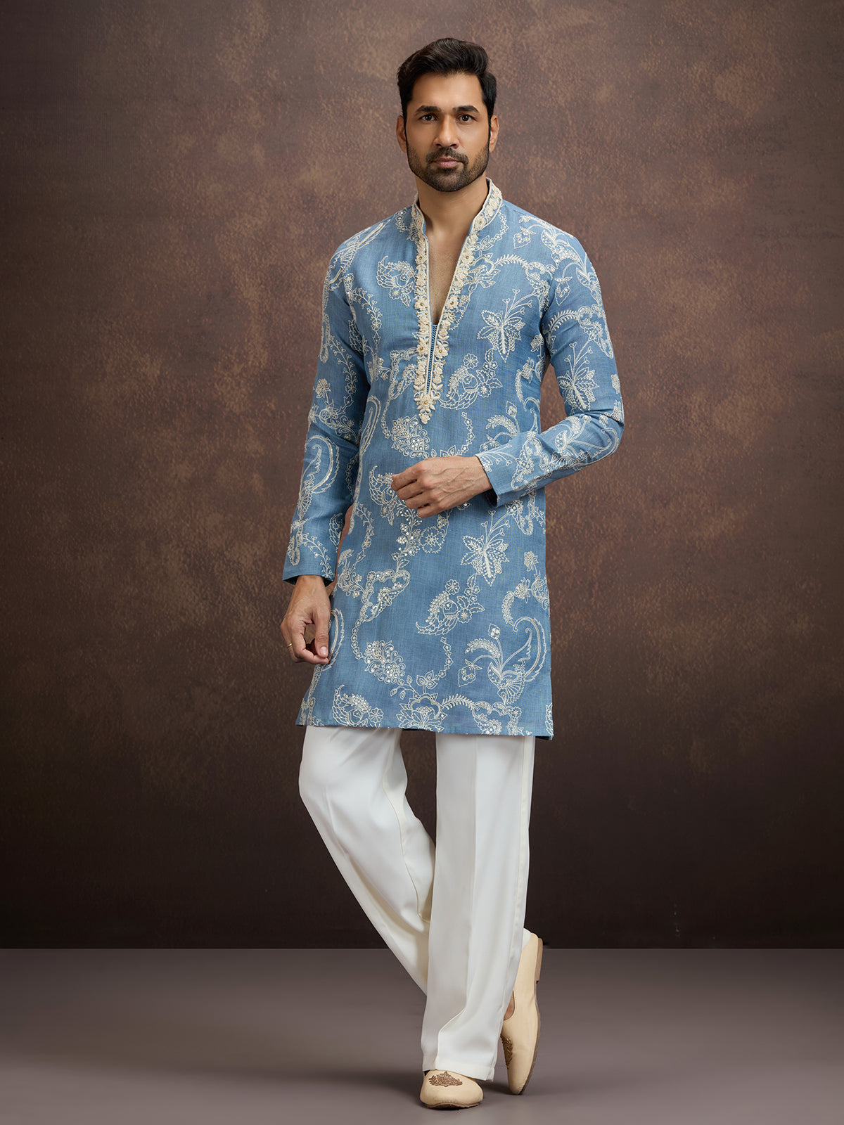 Dusty blue floral embroidered linen kurta pajama for men
