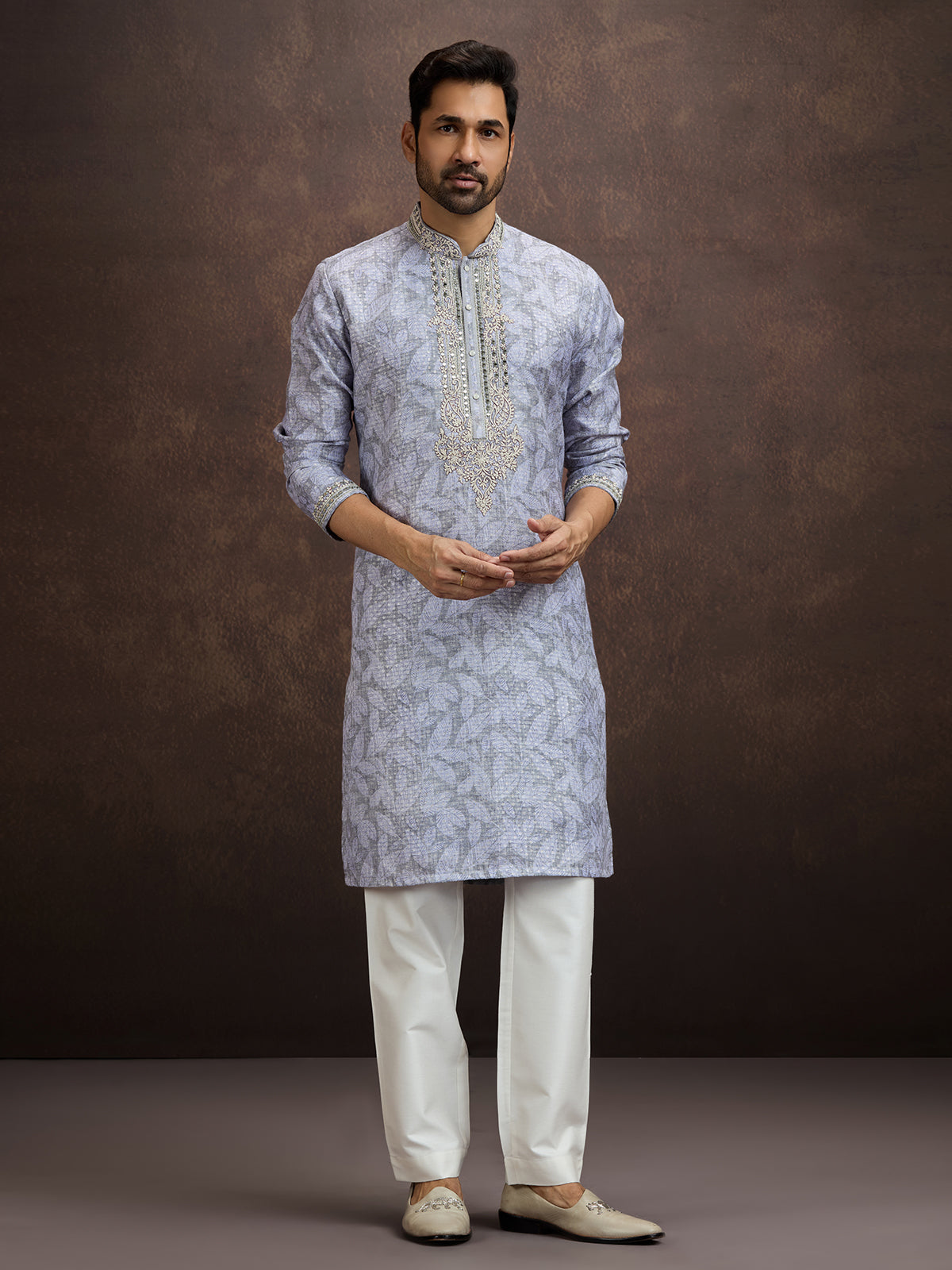 Blue printed aabla work kurta pajama for men