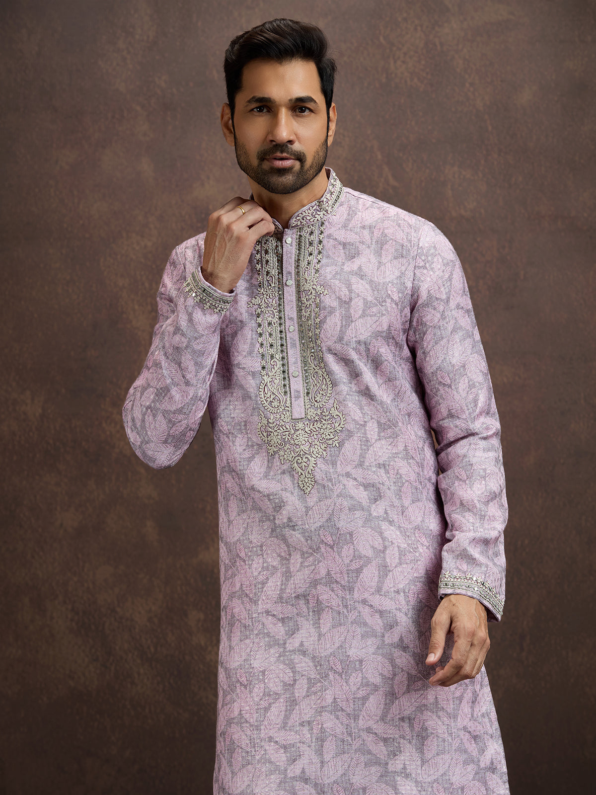 Lavender printed aabla work kurta pajama for men