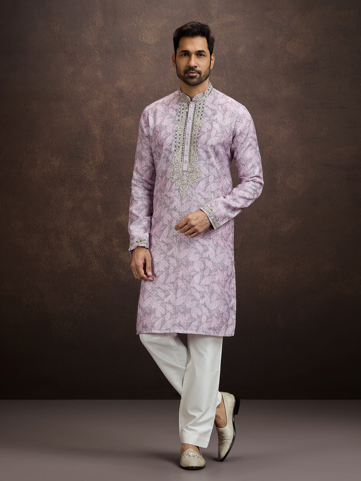 Lavender printed aabla work kurta pajama for men