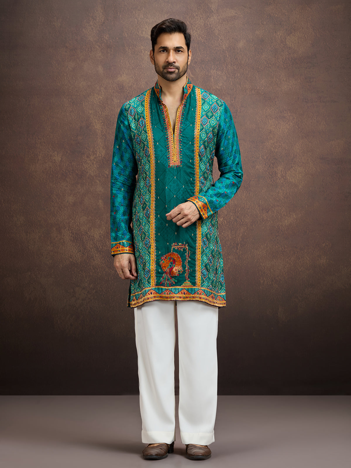 Teal green bandhani kurta pajama for men