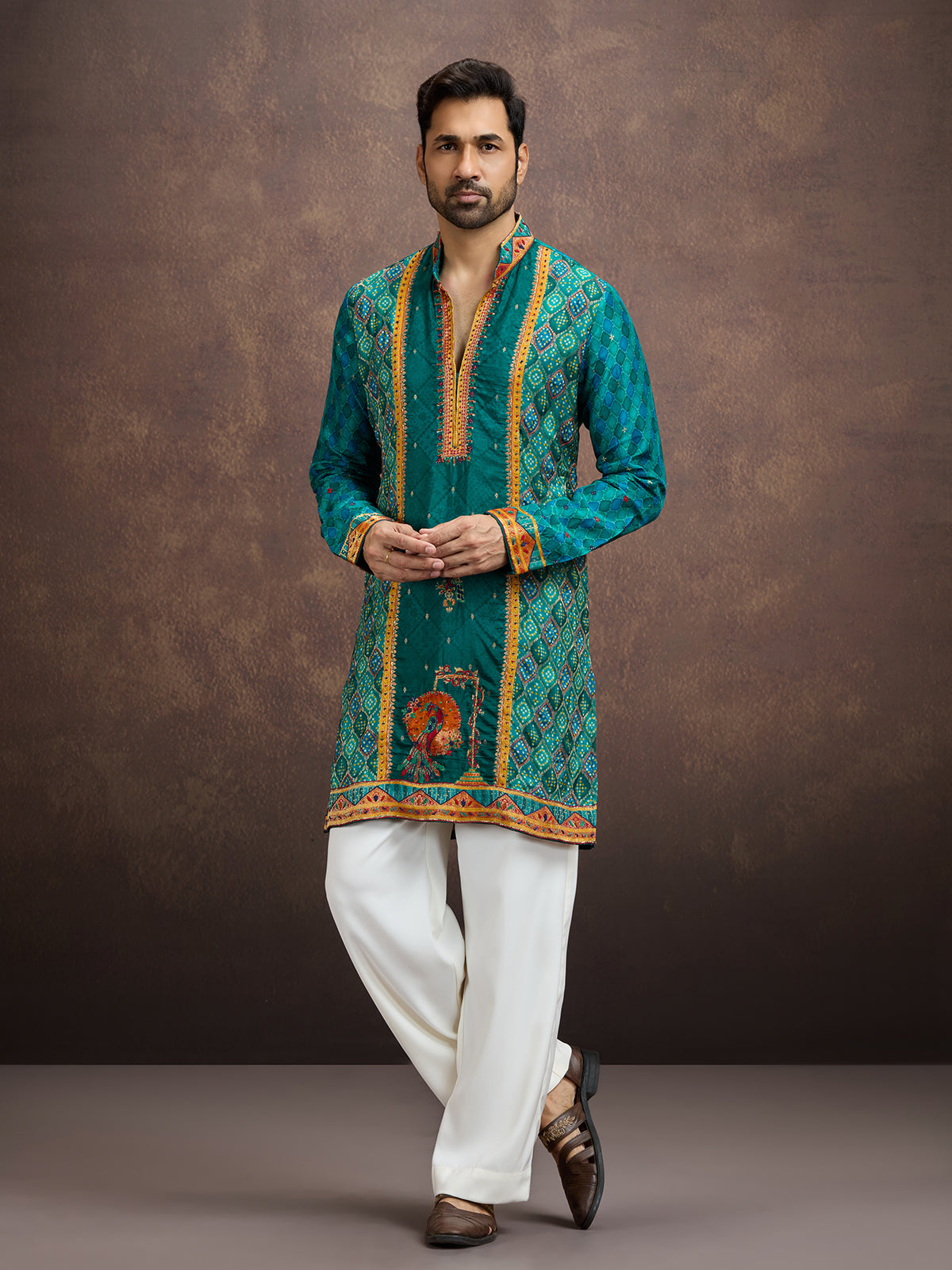 Teal green bandhani kurta pajama for men