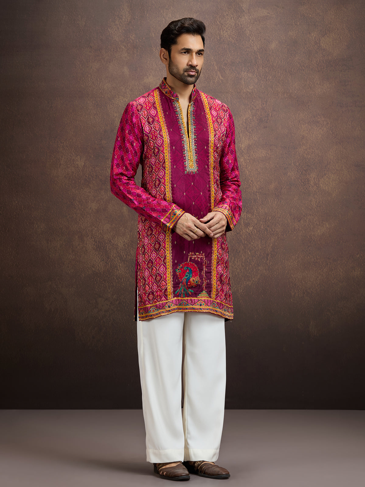Magenta pink bandhani kurta pajama for men