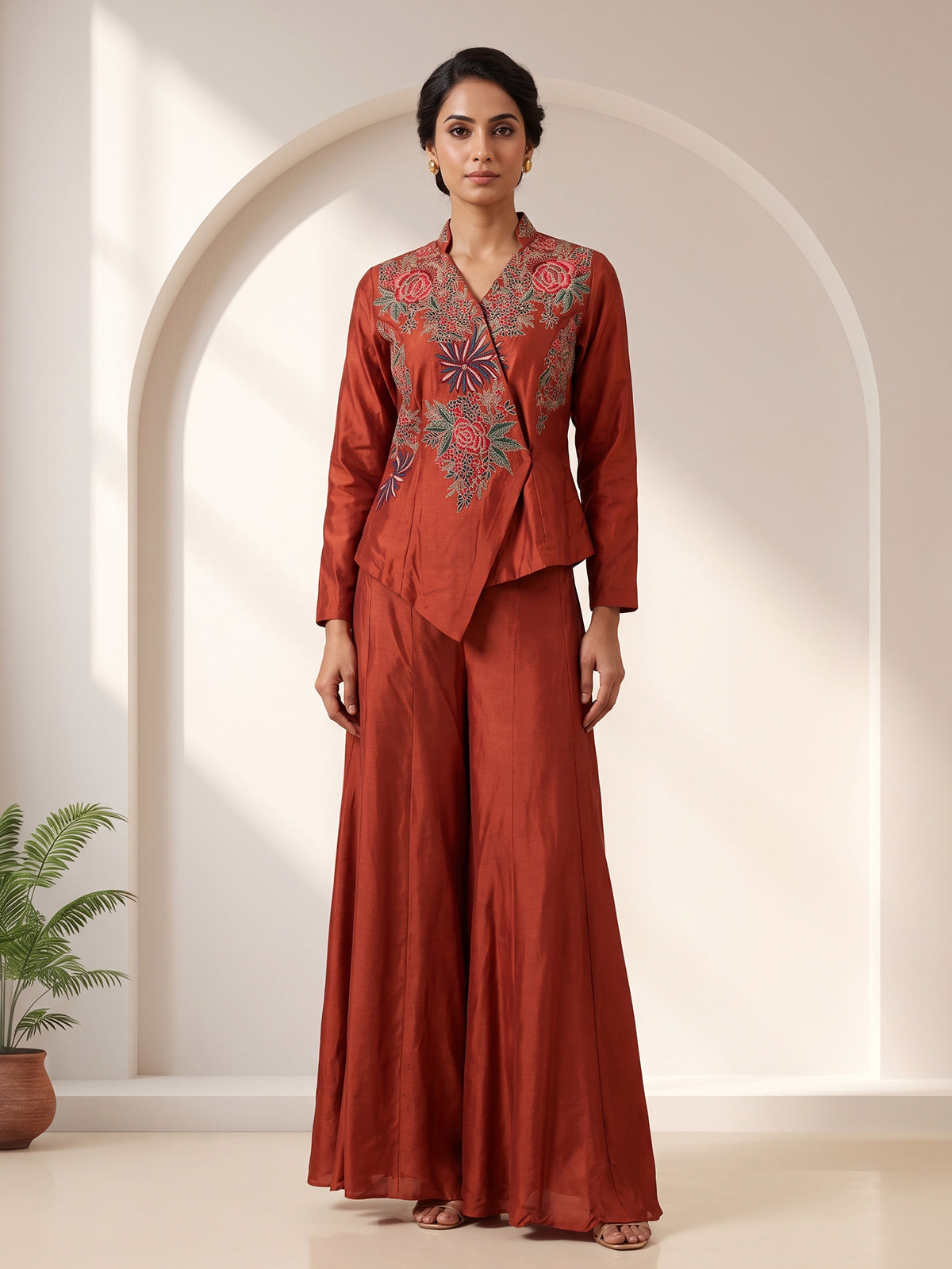 Rust embroidered indo western sharara suit for wedding celebration
