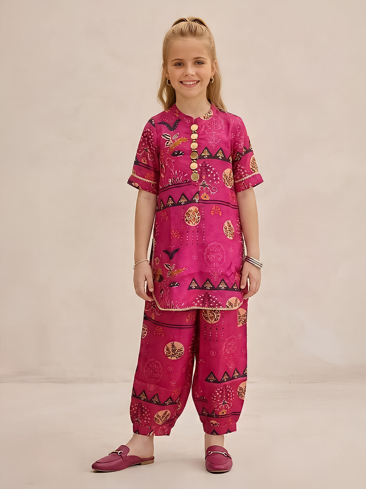 Fuchsia pink boho printed girls co-ord set