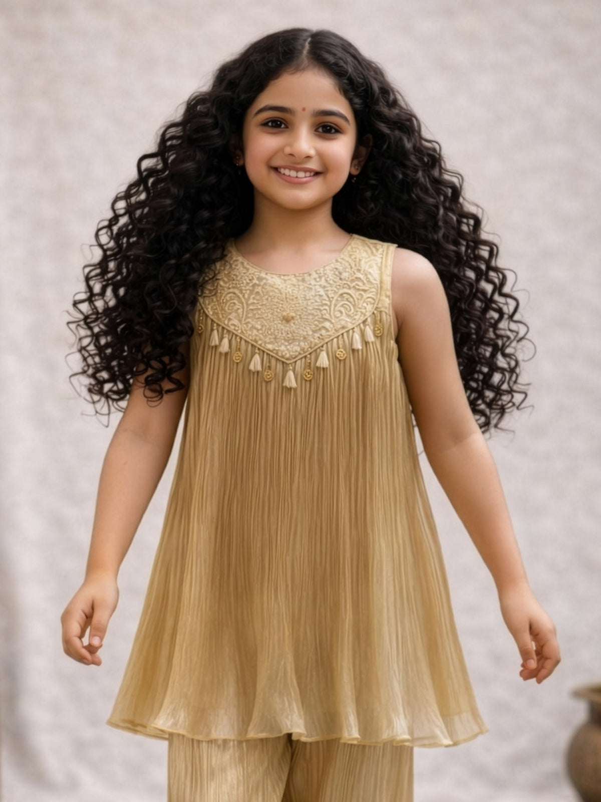 Beige zari embellished girls pant suit