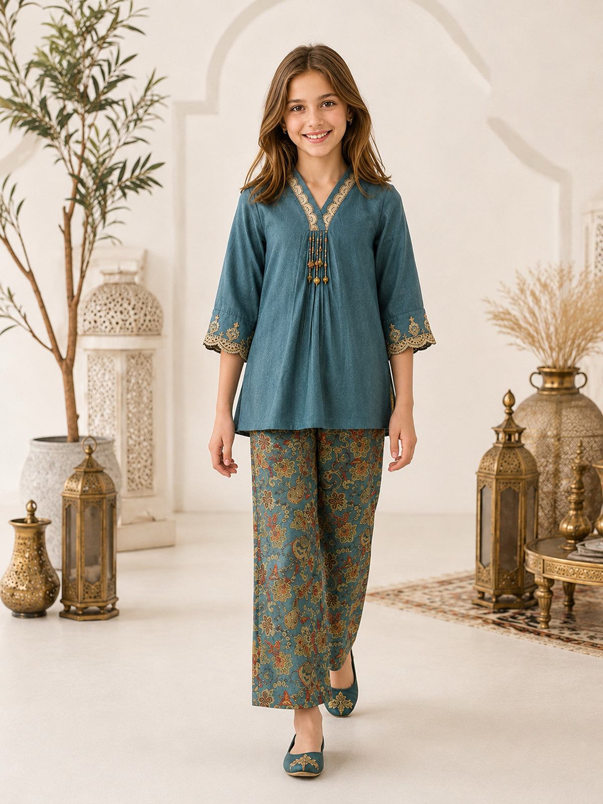 Teal blue printed girls palazzo suit