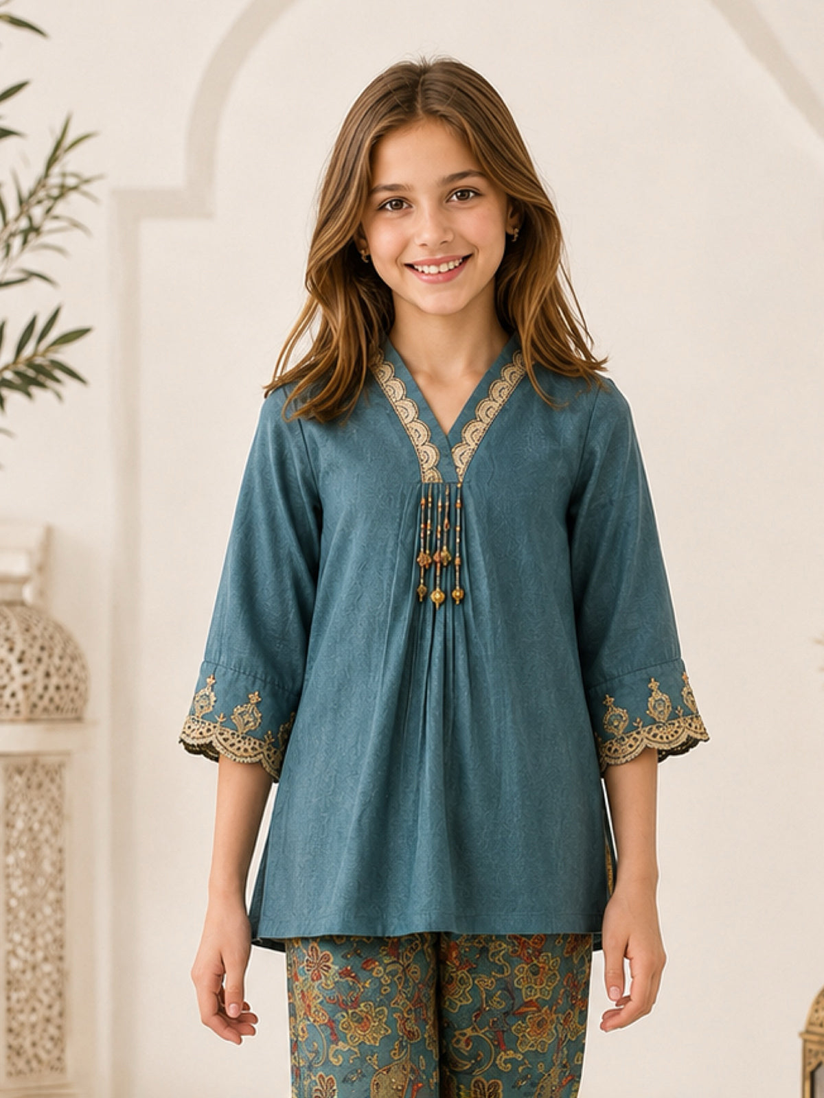 Teal blue printed girls palazzo suit