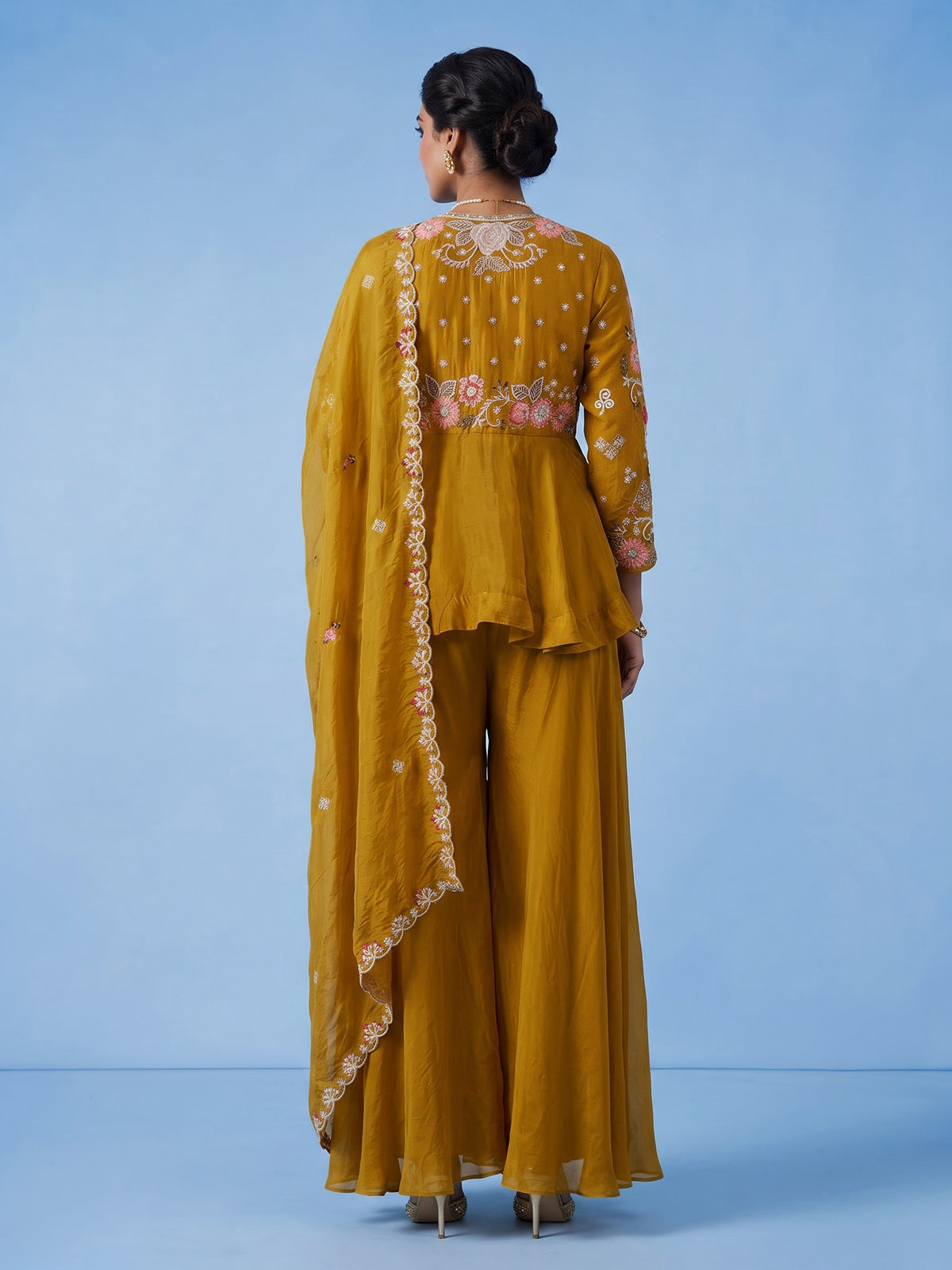 Mustard yellow zardosi embroidered women palazzo suit