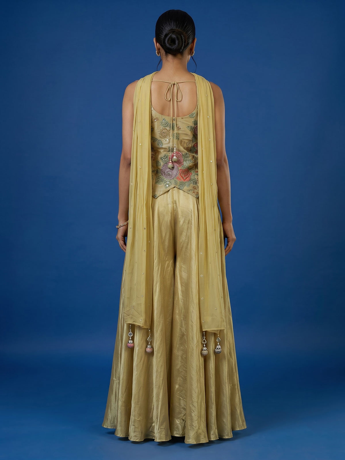 Beige floral embroidered women palazzo suit with choker dupatta