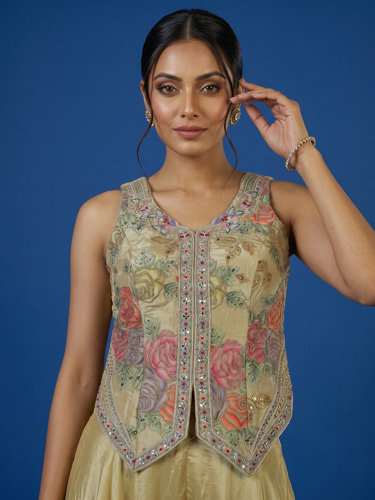 Beige floral embroidered women palazzo suit with choker dupatta