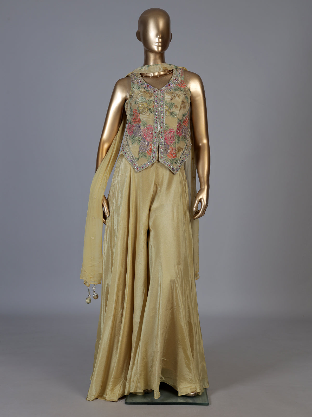 Beige floral embroidered women palazzo suit with choker dupatta