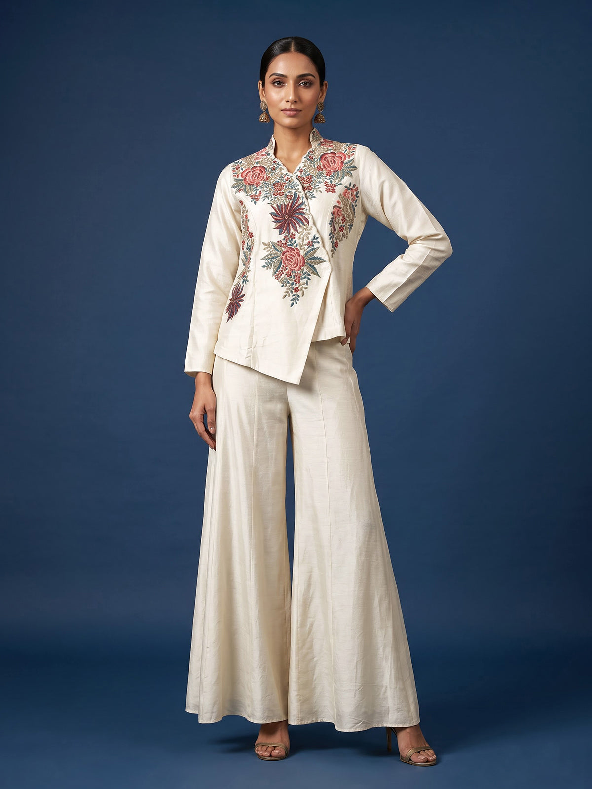 Off white embroidered women palazzo indo western suit