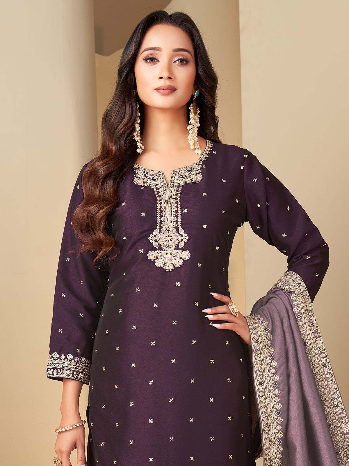 Wine straight cut cotton silk salwar suit women