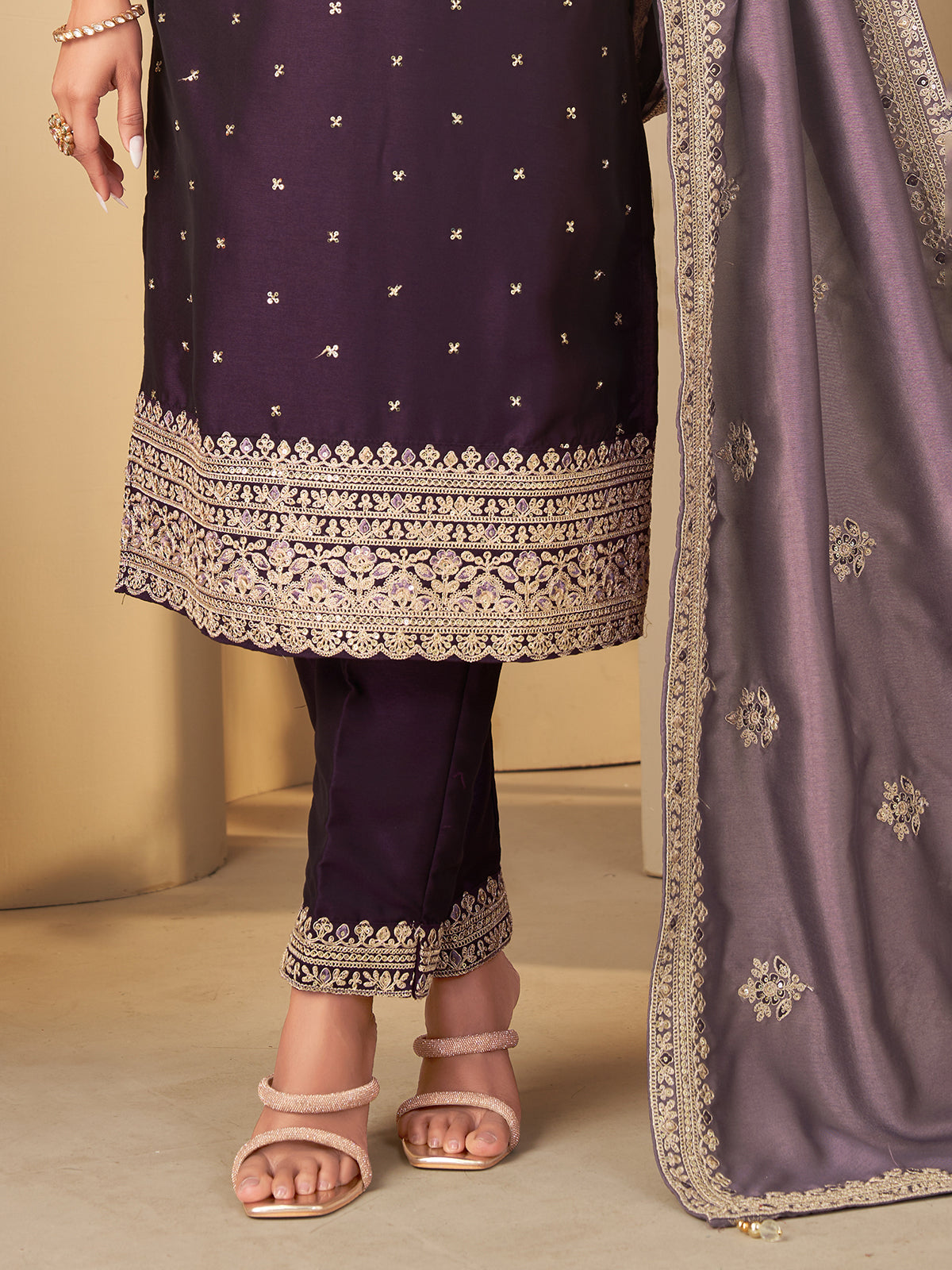 Wine straight cut cotton silk salwar suit women