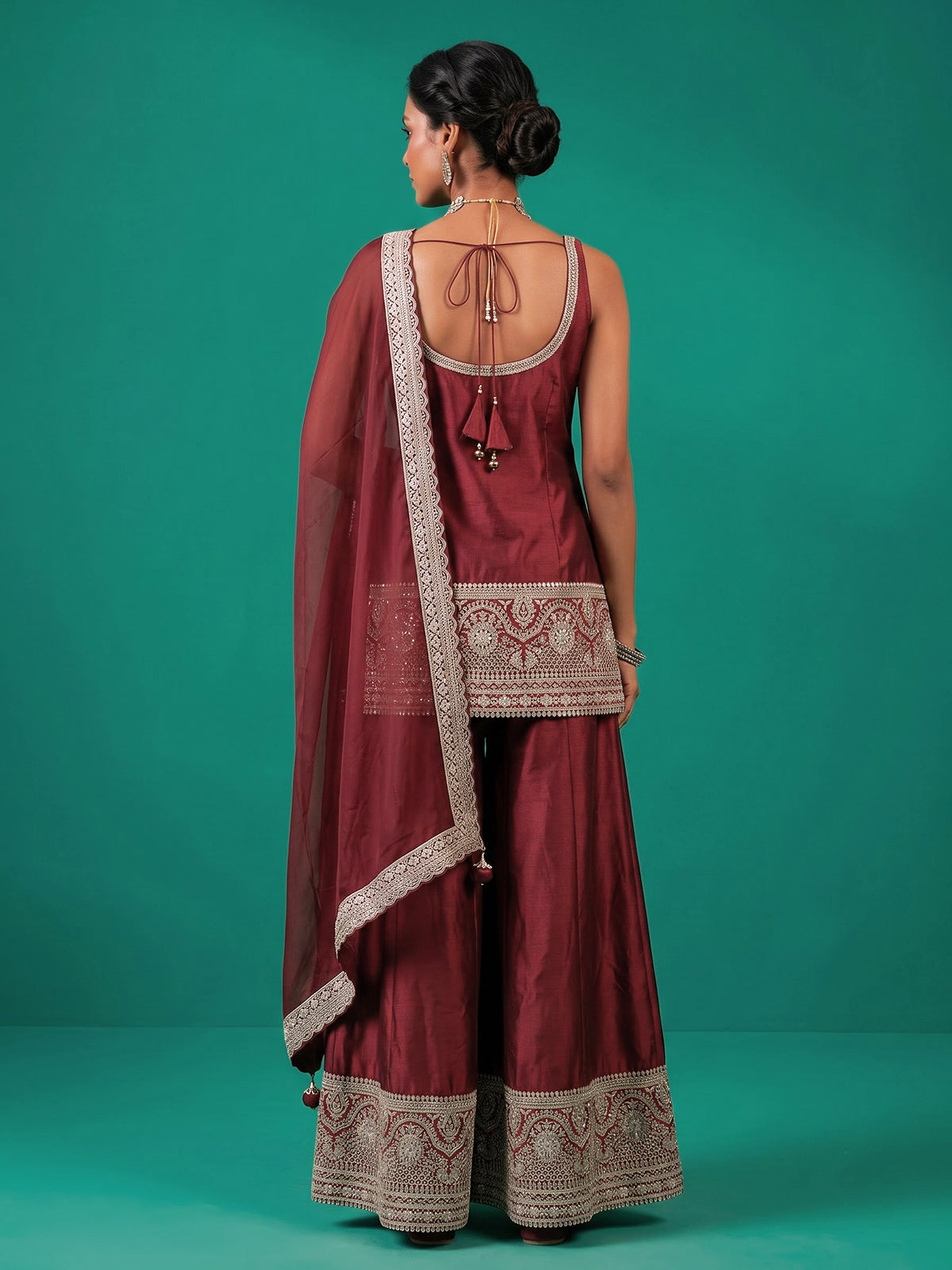 Maroon zardosi embellished women sharara suit with dupatta
