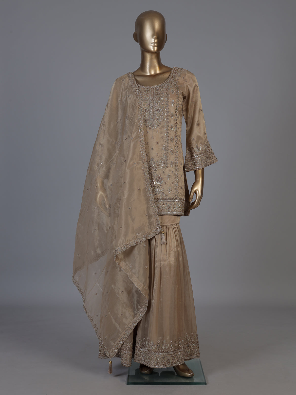 Beige embroidered women sharara suit with dupatta