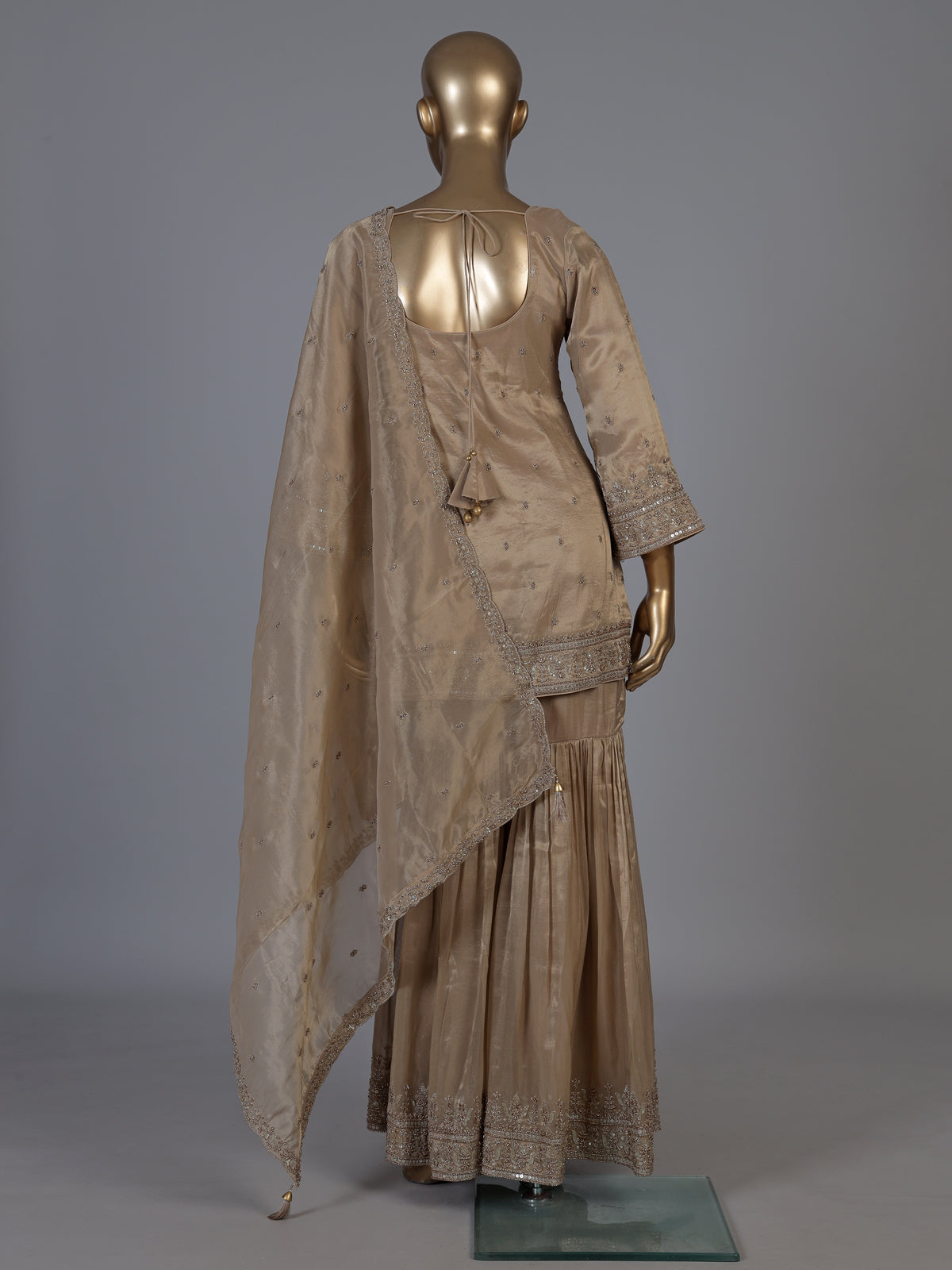 Beige embroidered women sharara suit with dupatta
