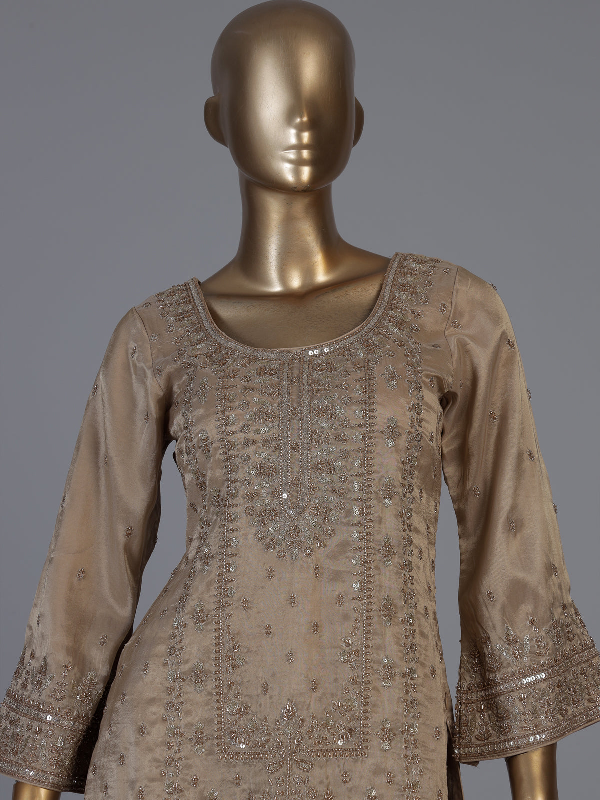 Beige embroidered women sharara suit with dupatta