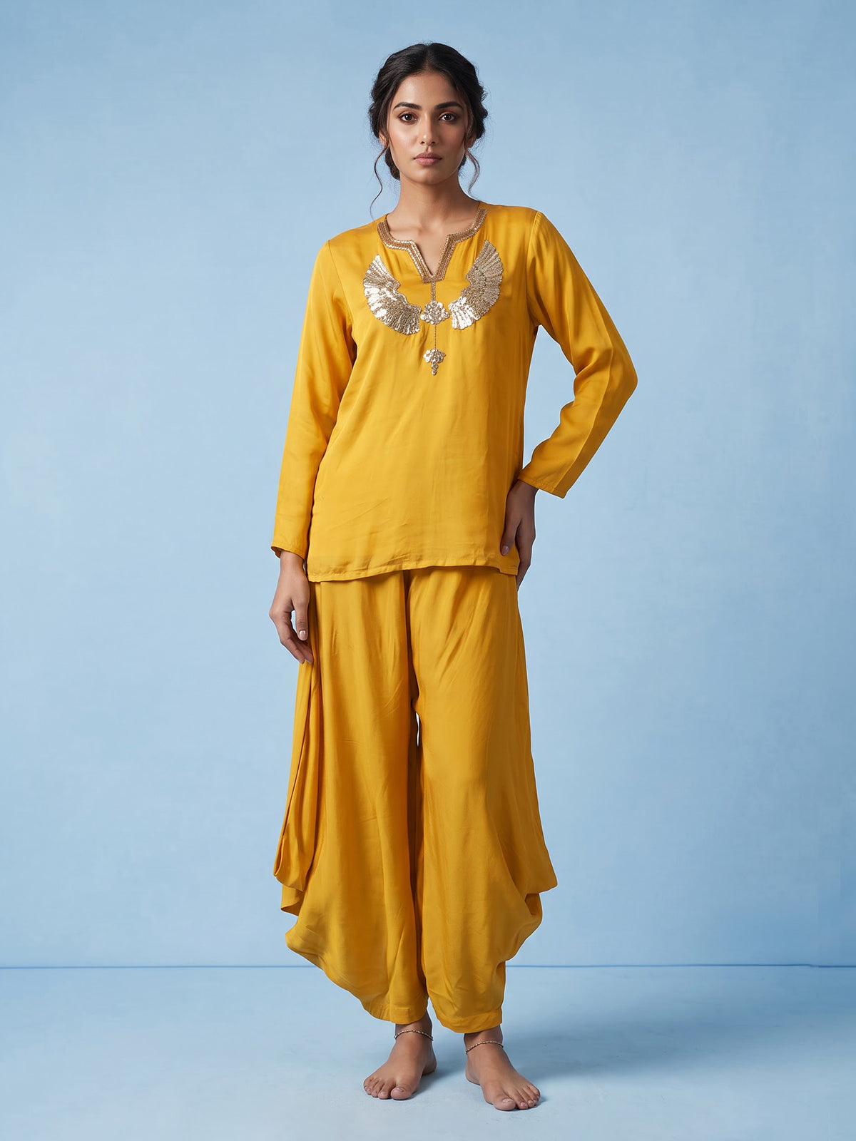 Yellow designer embellished women cowl palazzo suit
