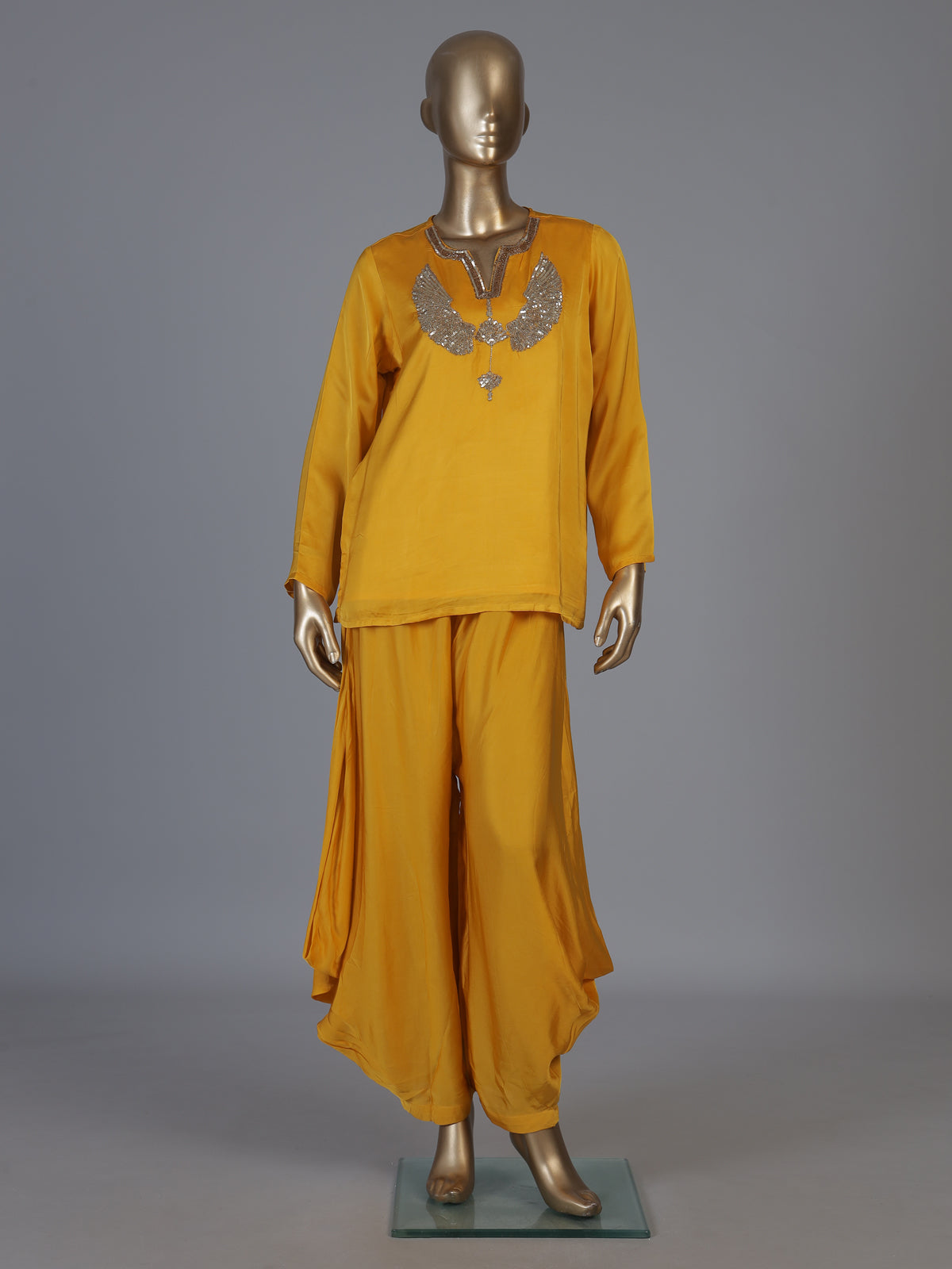 Yellow designer embellished women cowl palazzo suit