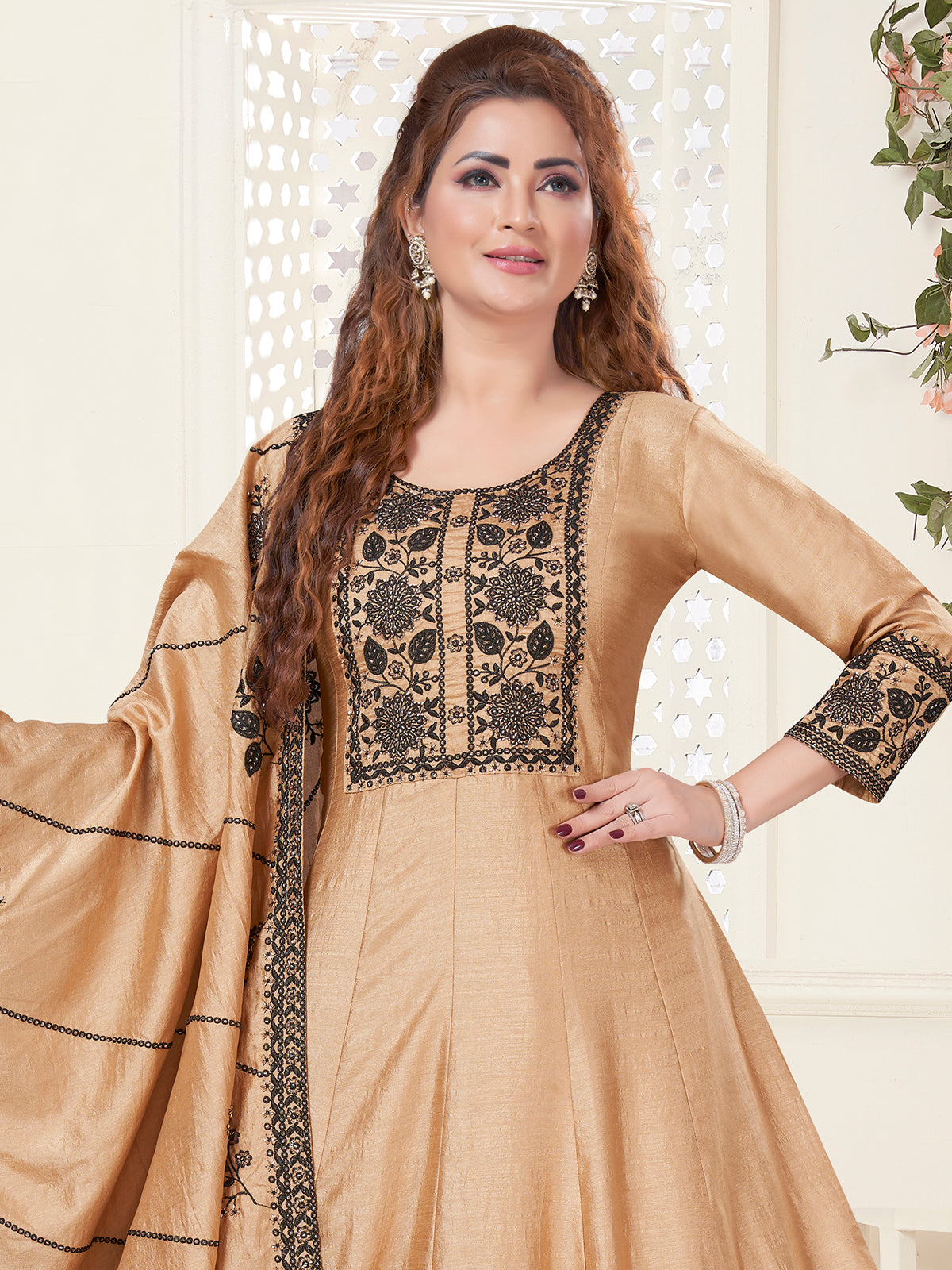 Brown silk traditional embroidered anarkali pant suit
