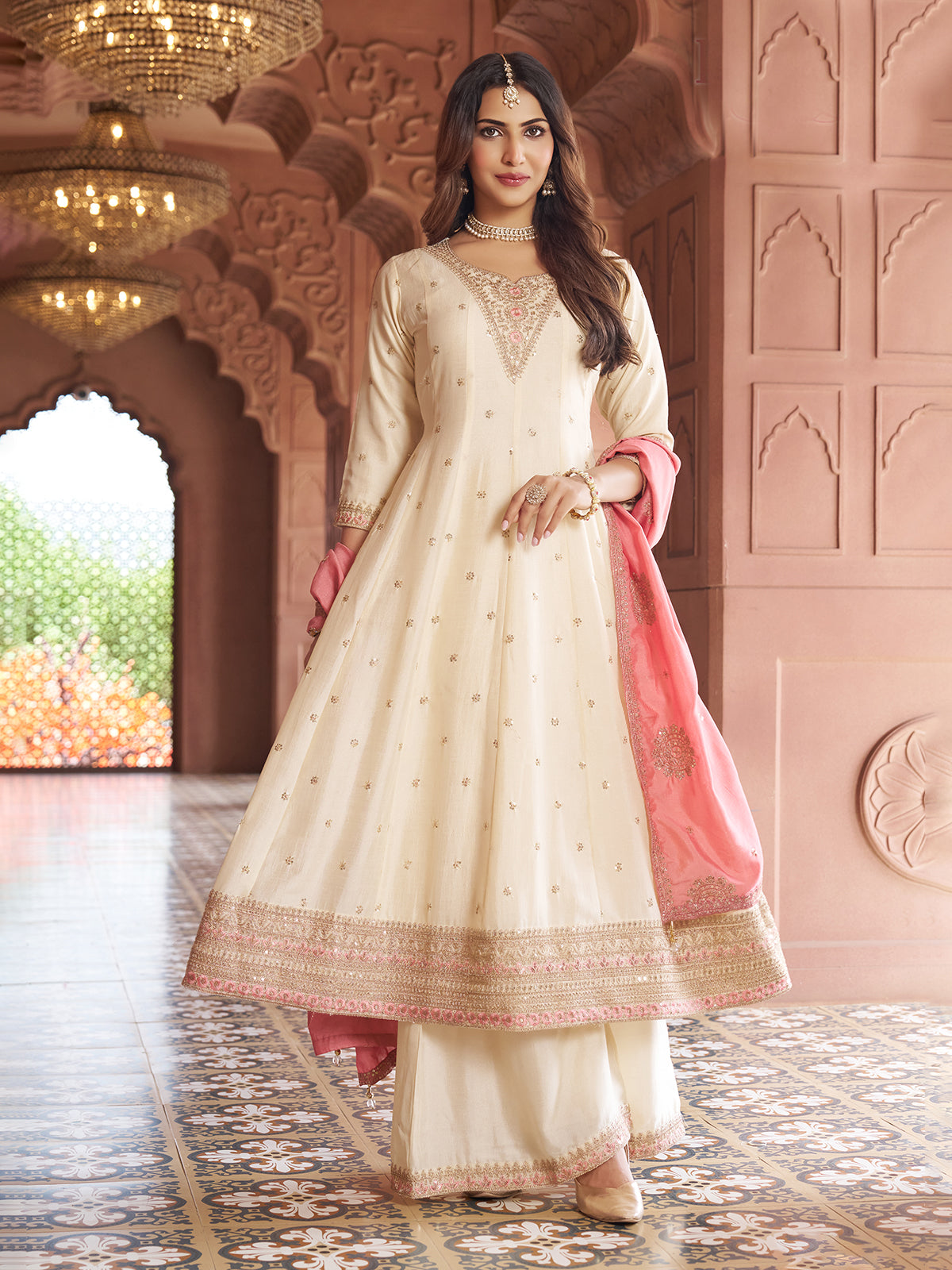 Off white silk embroidered anarkali palazzo suit