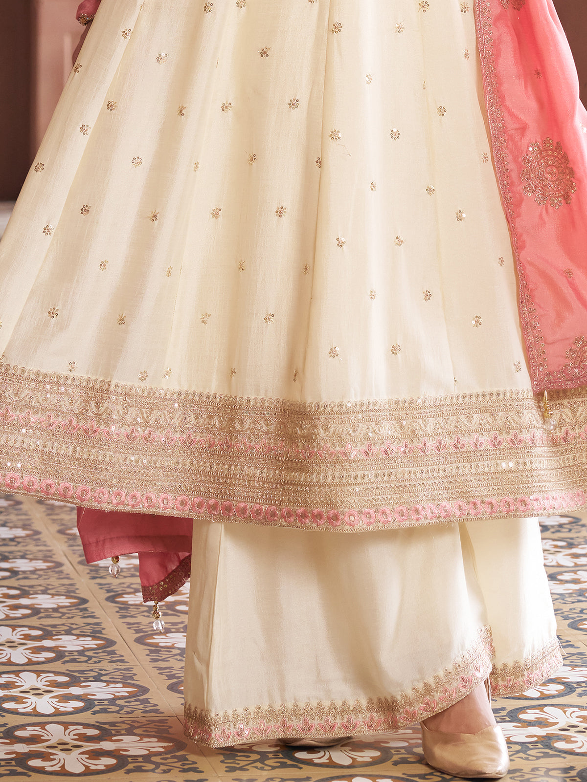 Off white silk embroidered anarkali palazzo suit