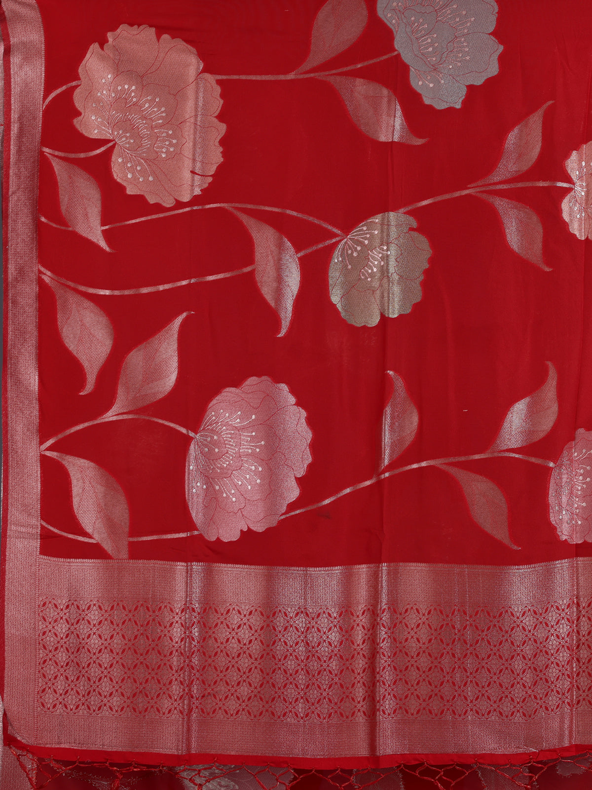 Red women floral silver zari saree