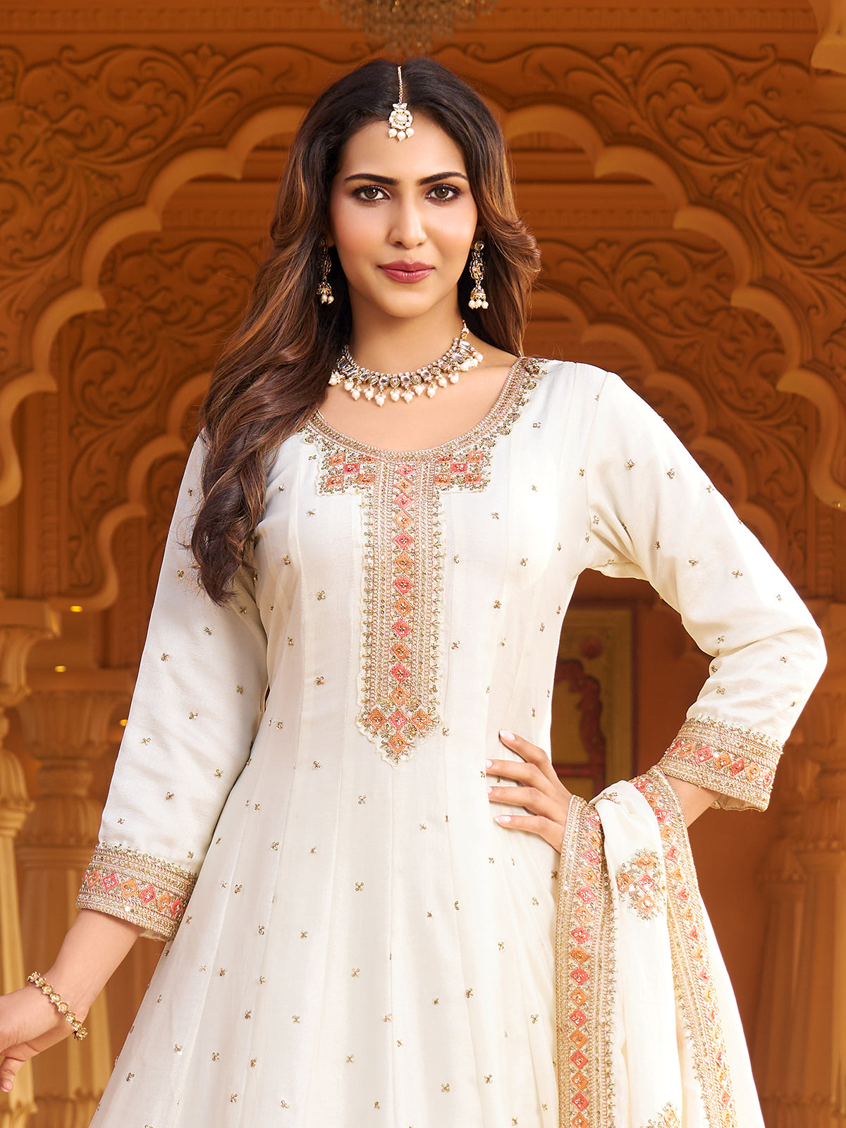 White silk embroidered anarkali salwar suit for women